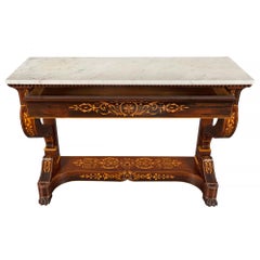 Console française du 19ème siècle d'époque Charles X en bois de rose, érable et marbre