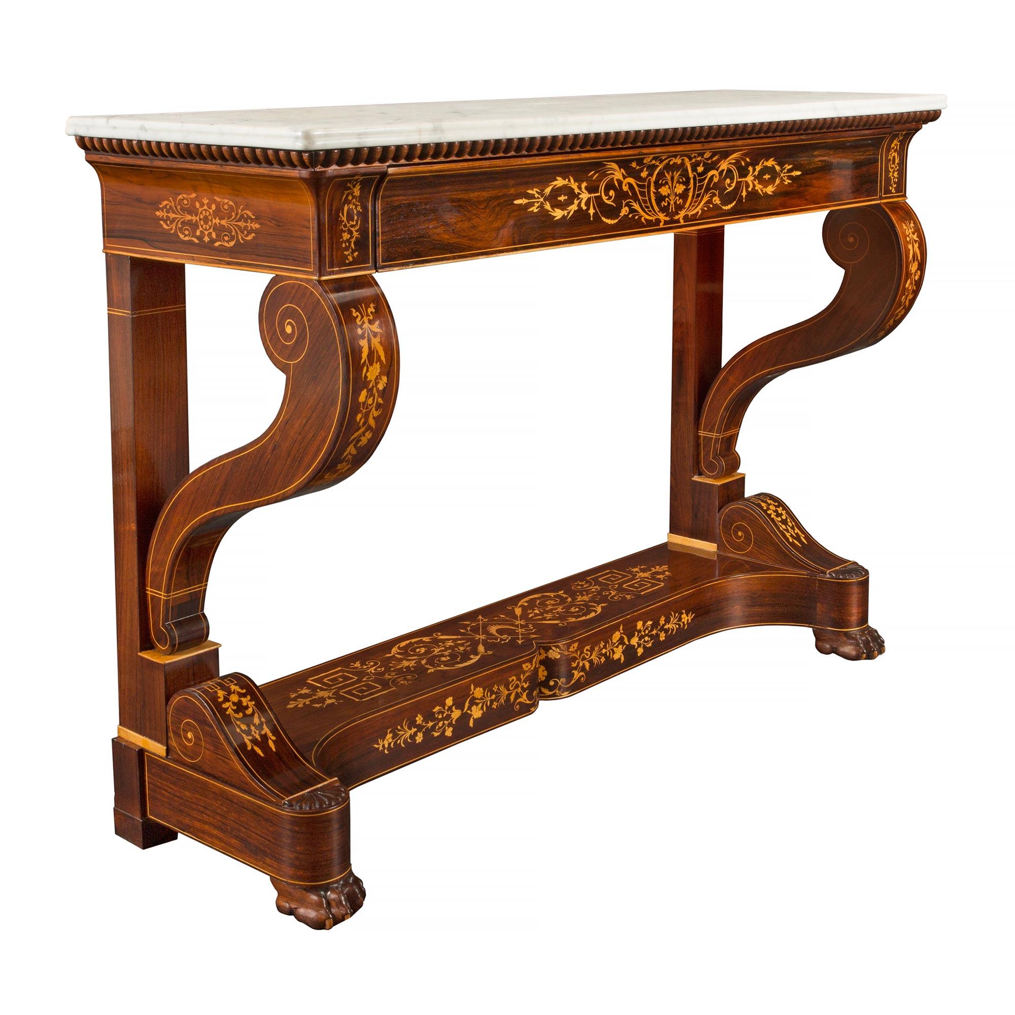 French 19th Century Charles X Period Rosewood, Maple and Marble Console In Good Condition For Sale In West Palm Beach, FL