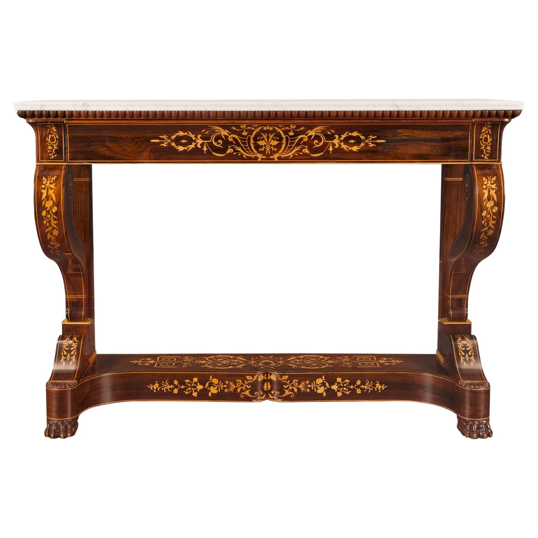 French 19th Century Charles X Period Rosewood, Maple and Marble Console For Sale