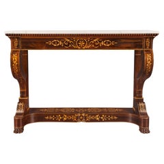 Console française du 19ème siècle d'époque Charles X en bois de rose, érable et marbre