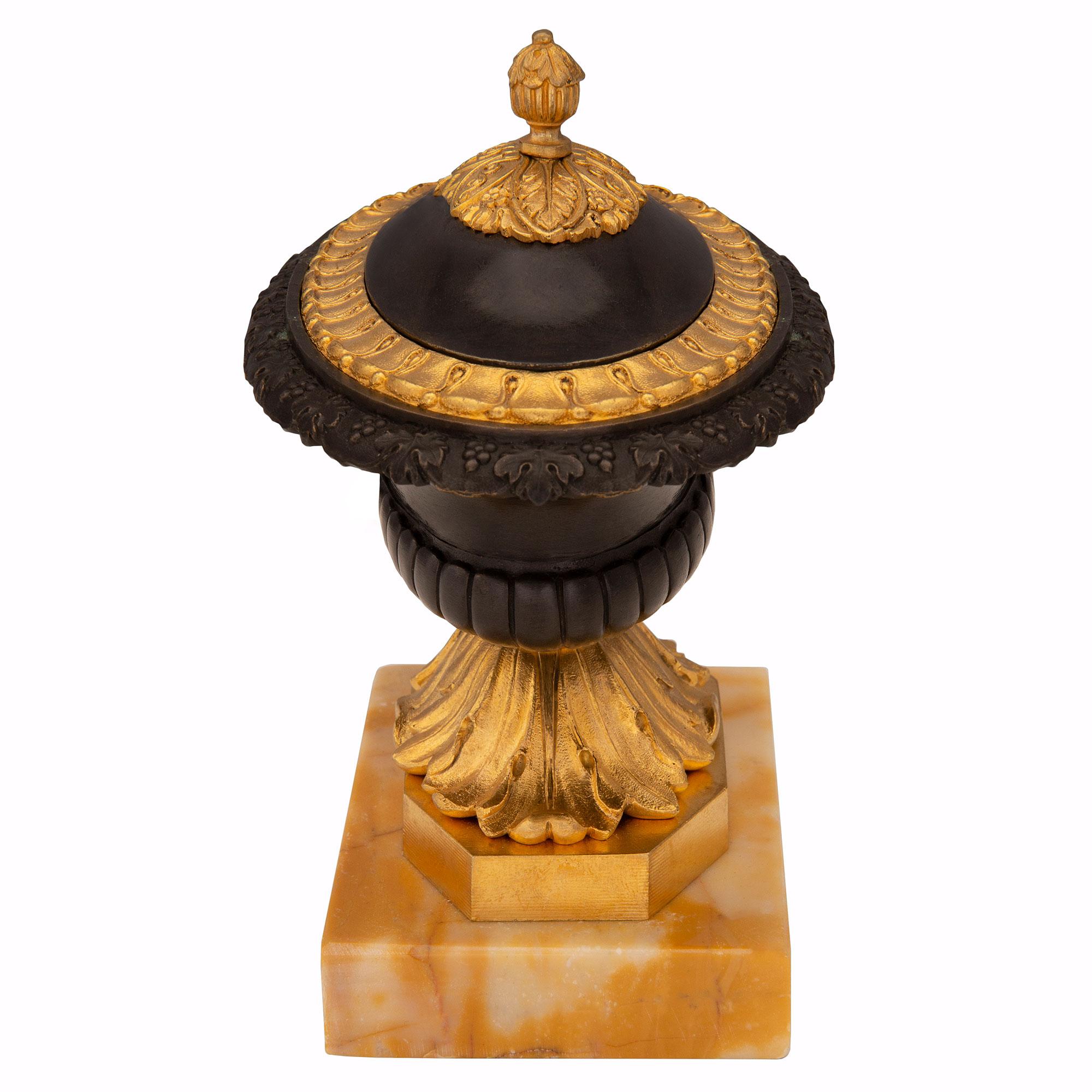 Patinated French 19th Century Charles X St. Bronze, Ormolu and Sienna Marble Inkwell For Sale