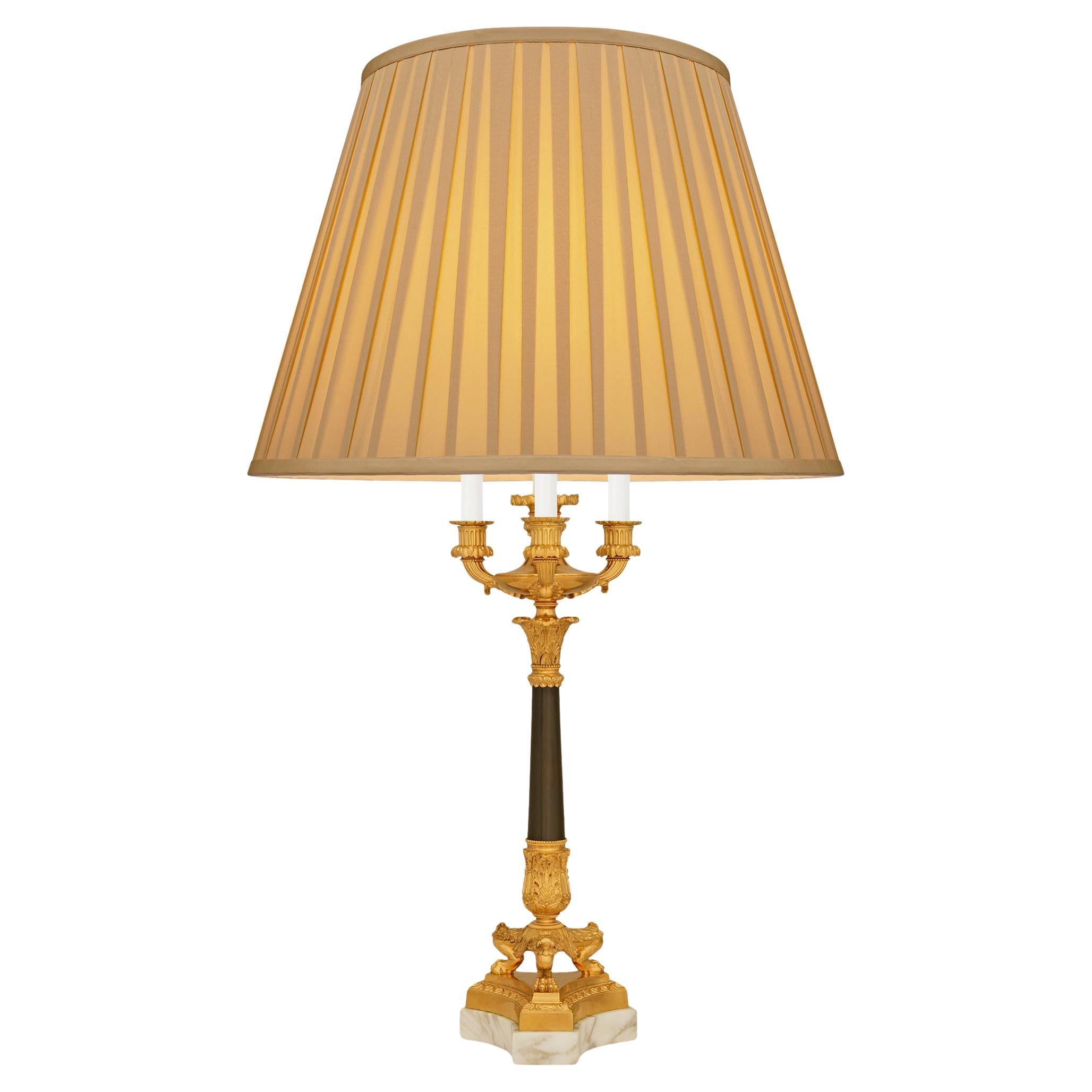 French 19th century Charles X st. Calacatta marble, Bronze and Ormolu lamps