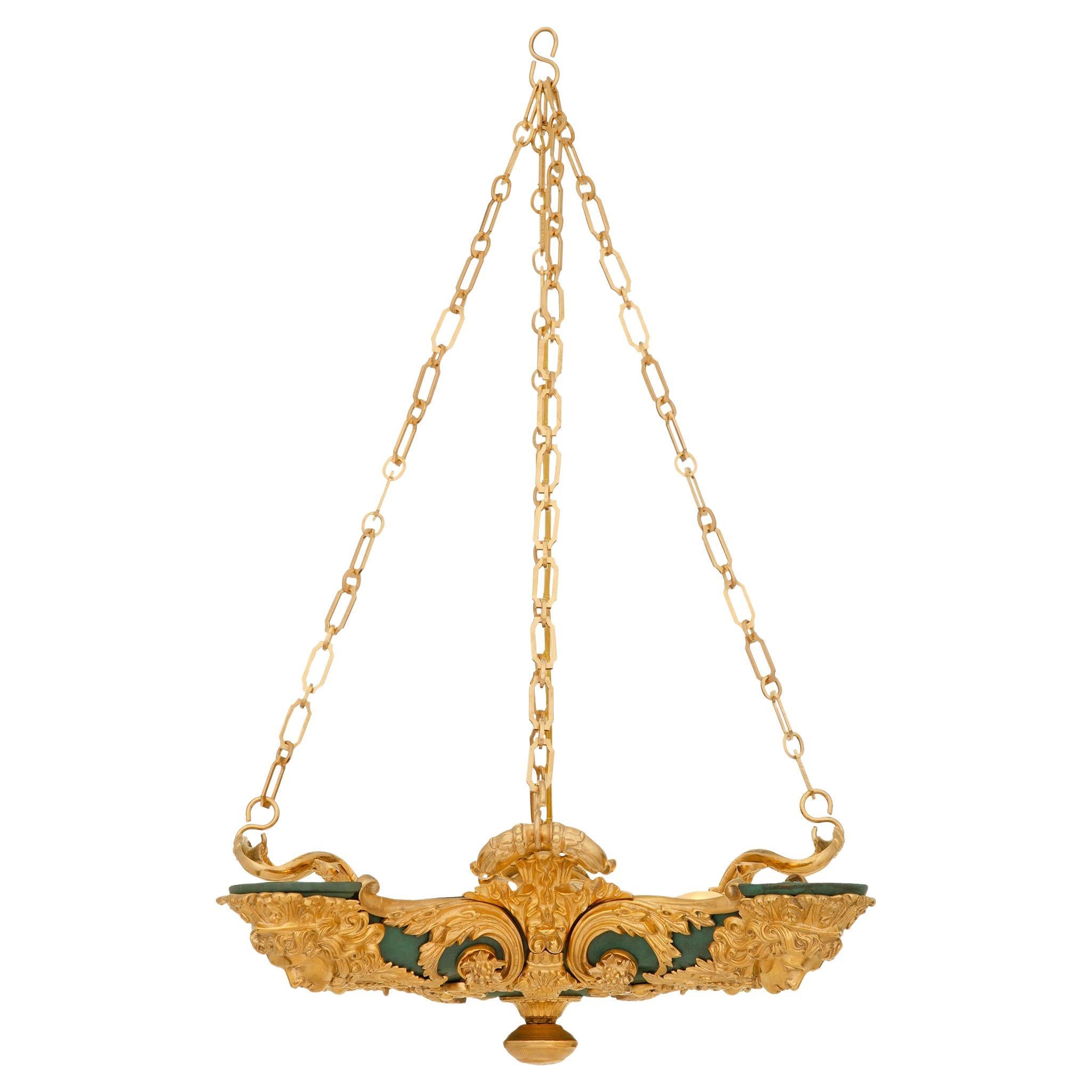 French 19th century Charles X st. Verdigris Bronze and Ormolu chandelier For Sale