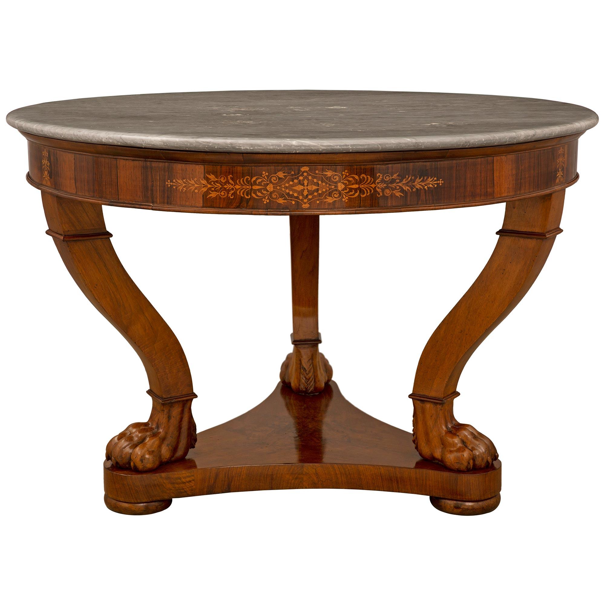 French 19th Century Charles X St. Walnut, Maplewood & Marble Center Table In Good Condition For Sale In West Palm Beach, FL