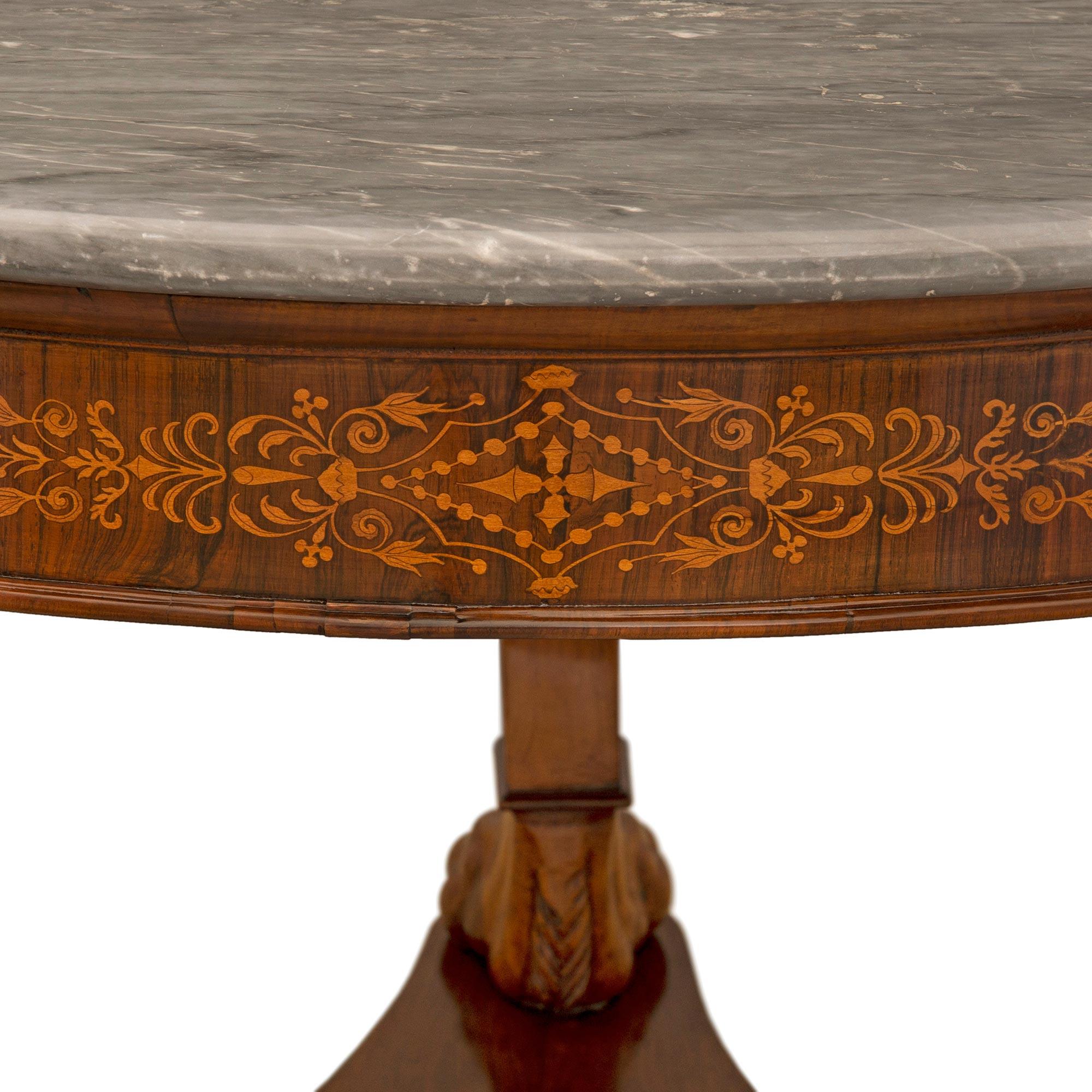 French 19th Century Charles X St. Walnut, Maplewood & Marble Center Table For Sale 1