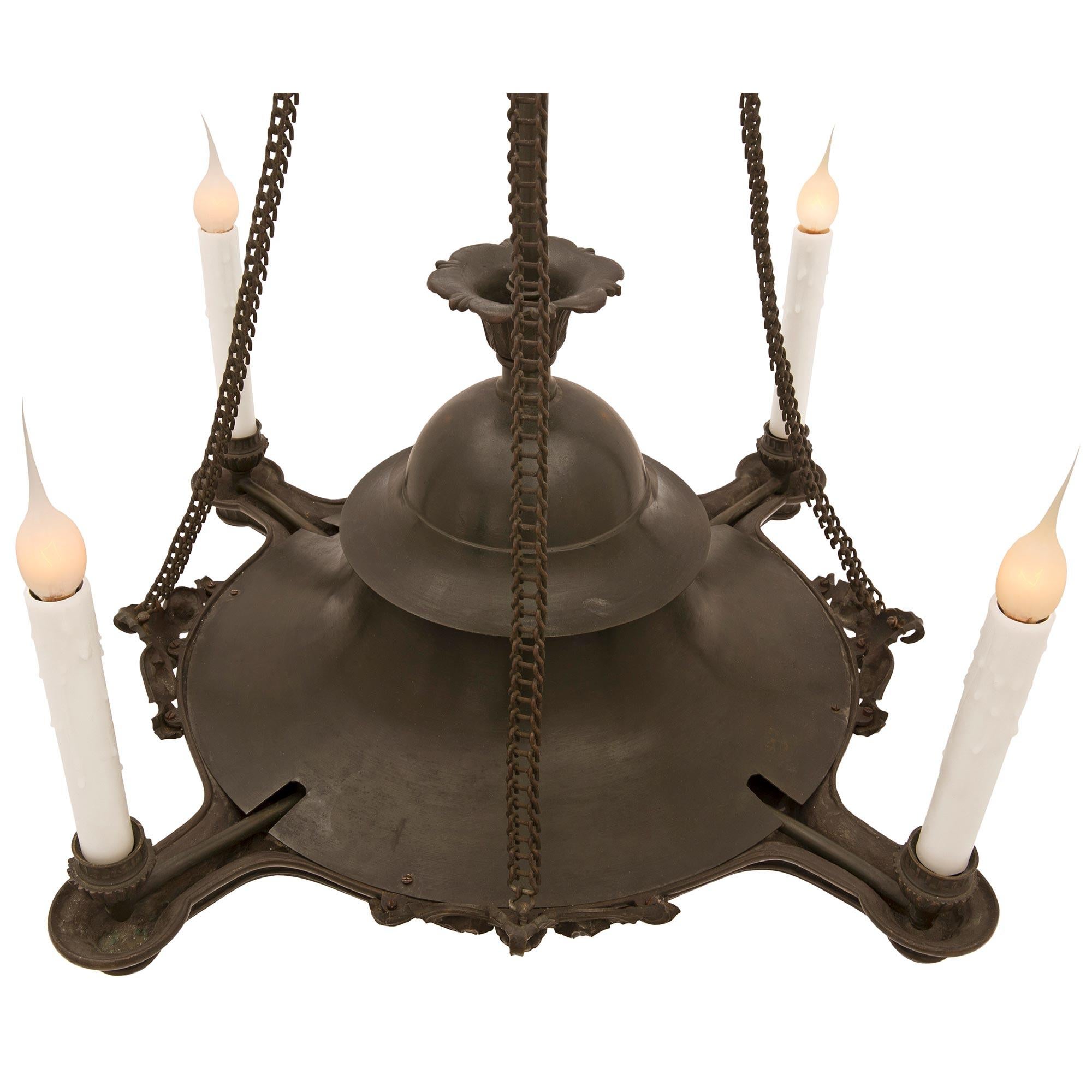 French 19th Century Charles X Style Verdigris Bronze Four Light Chandelier For Sale 1