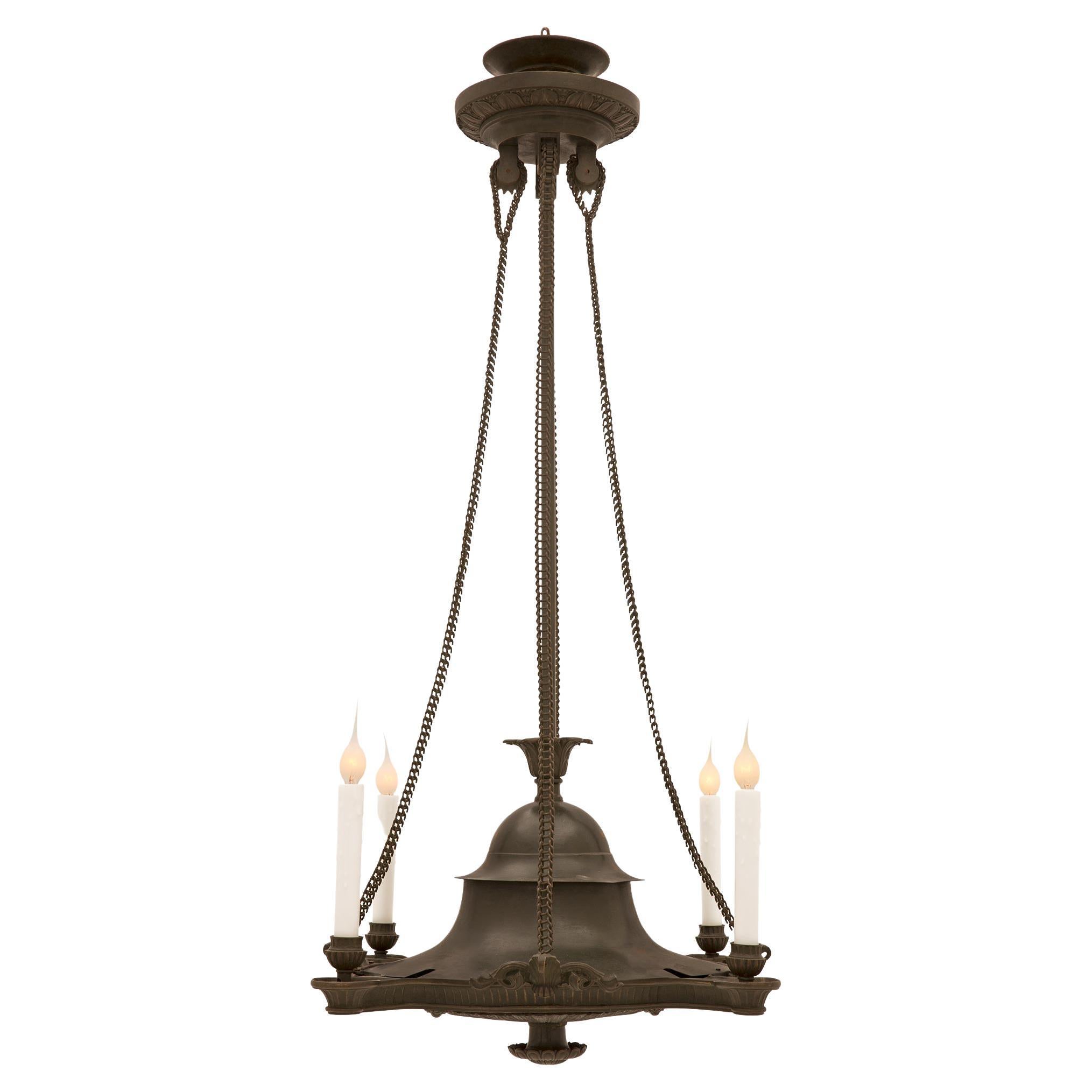 French 19th Century Charles X Style Verdigris Bronze Four Light Chandelier For Sale