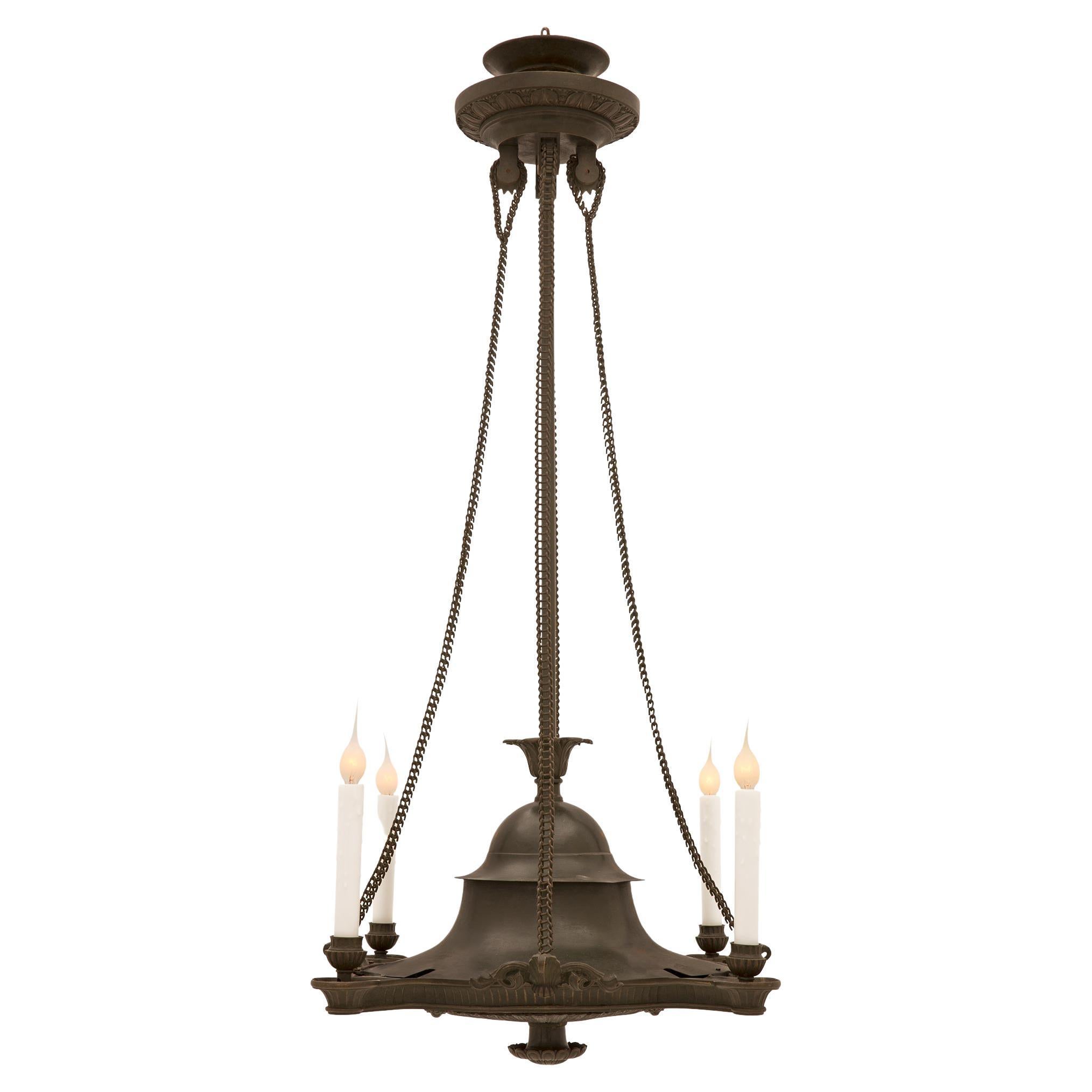 French 19th Century Charles X Style Verdigris Bronze Four Light Chandelier