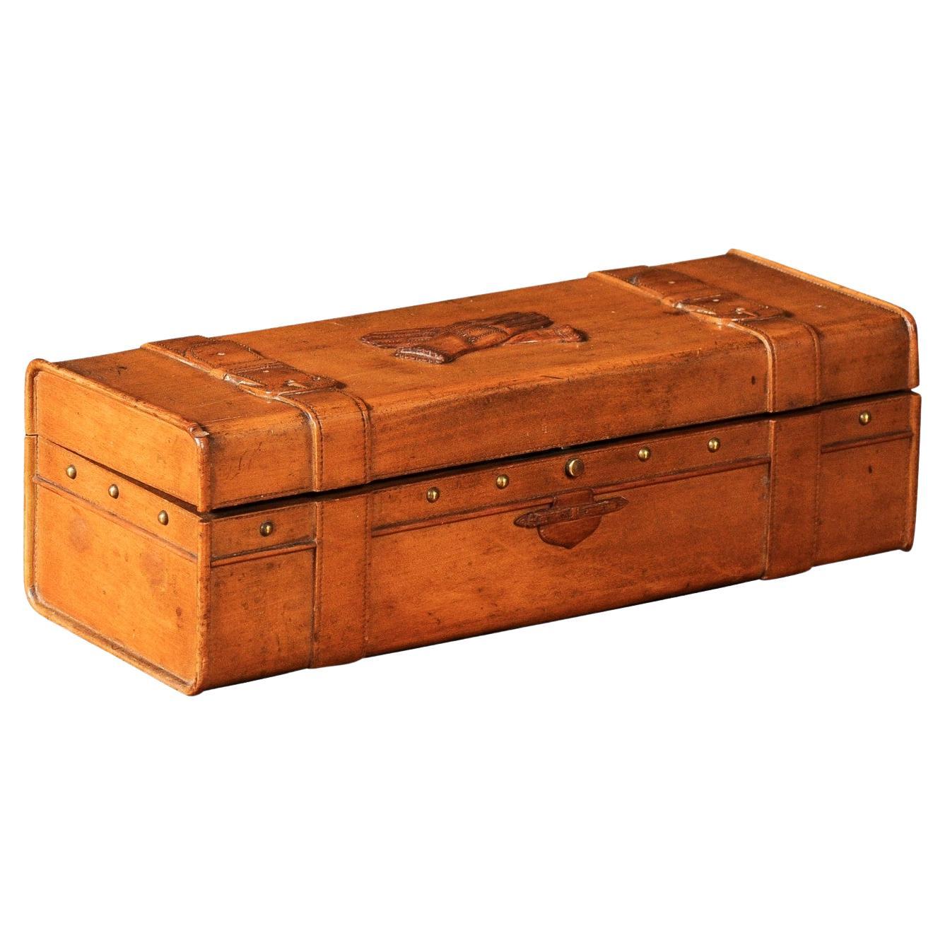 French 19th Century Cherry and Brass Glove Box with Low-Relief Carved Motifs For Sale