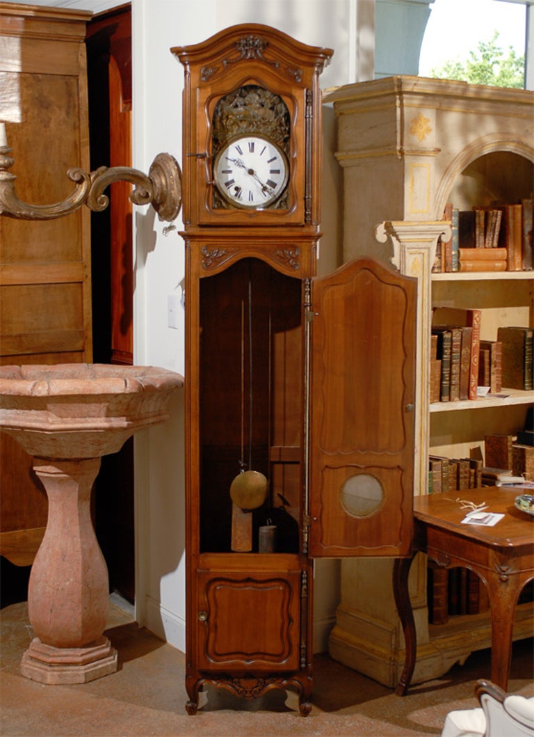 French 19th Century Cherry Longcase Clock, Louis XV Style For Sale at
