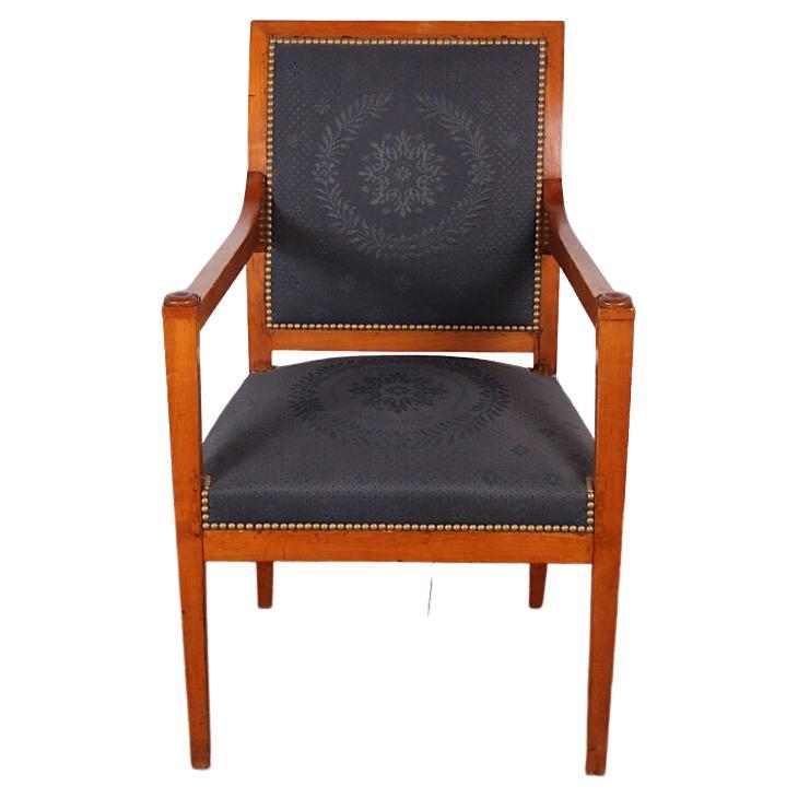 A 19th century French cherrywood Directoire style armchair or Fauteuil, having simple geometric lines and recently upholstered in black horsehair fabric with a woven neoclassical motif. C. 1890.


 
