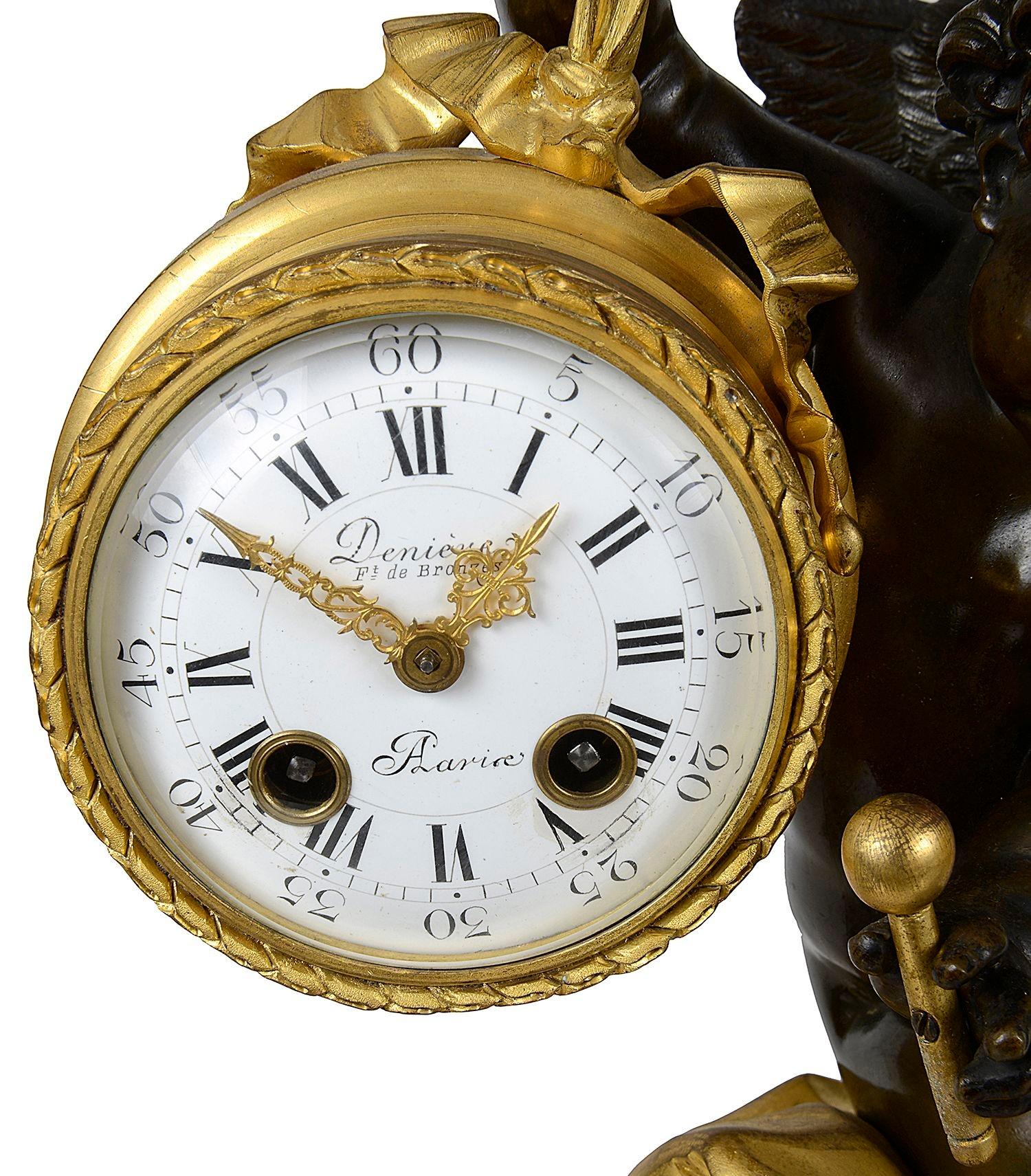Hand-Carved French 19th Century Cherub clock set, by Deniere, Paris For Sale
