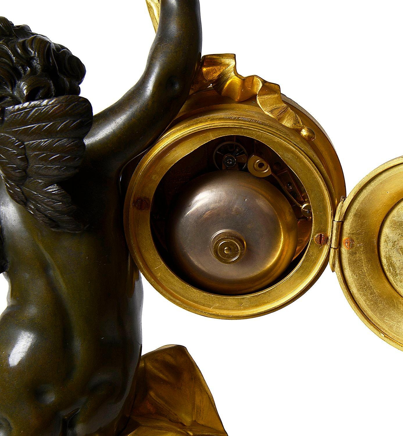 Bronze French 19th Century Cherub clock set, by Deniere, Paris For Sale