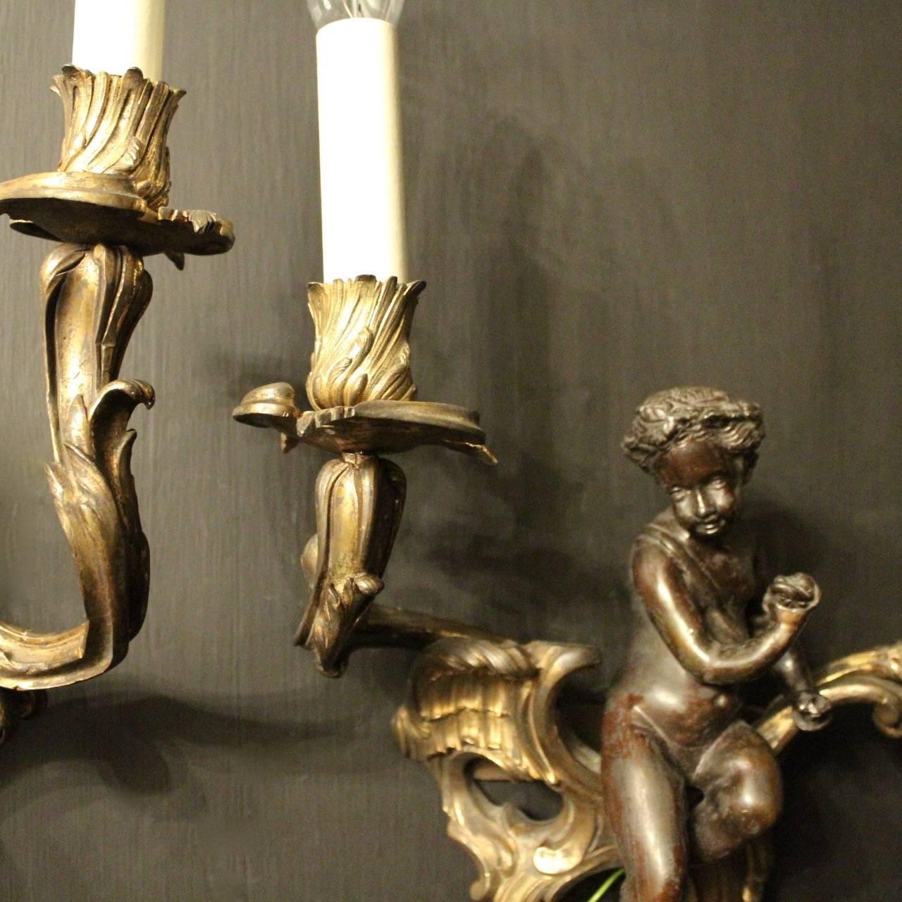 French 19th Century Cherub Gilded Antique Wall Sconces 2