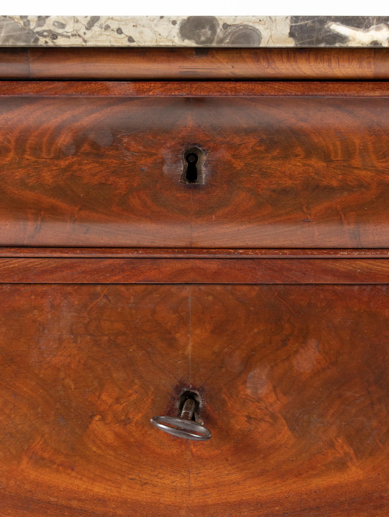 French 19th Century Chest of Drawers, Mahogany Veneer with Marble Top For Sale 7