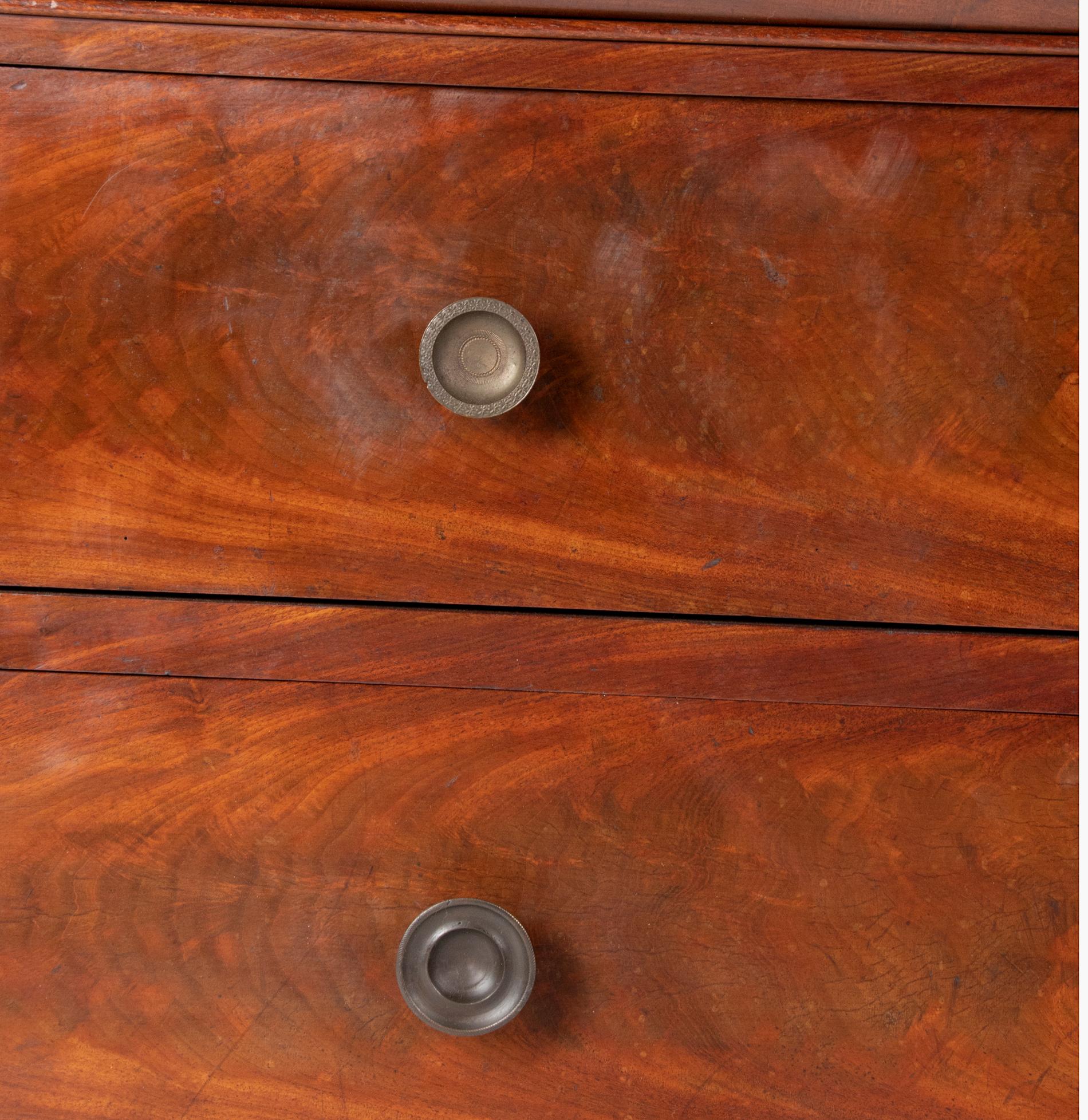 French 19th Century Chest of Drawers, Mahogany Veneer with Marble Top For Sale 8