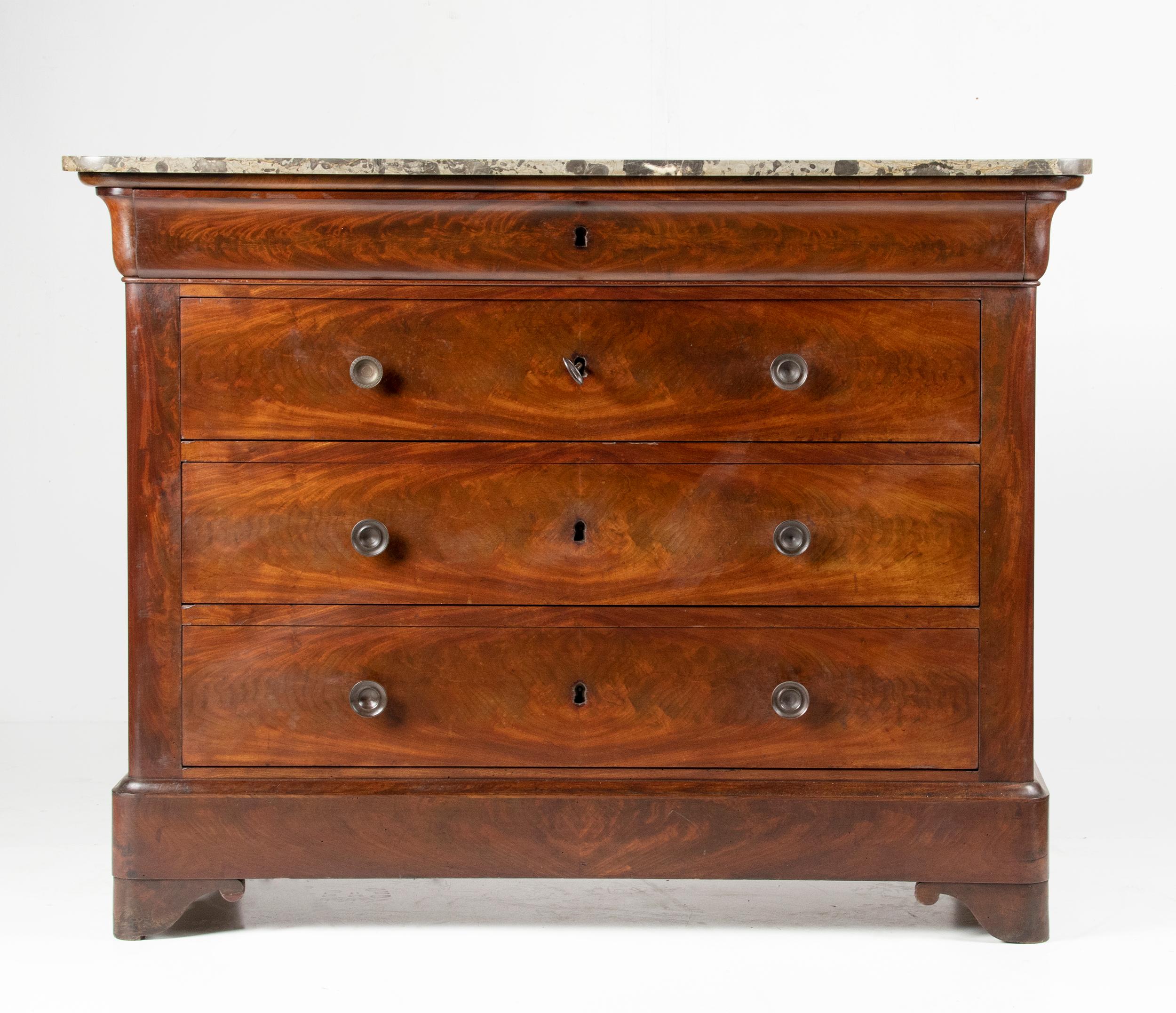 Louis Philippe French 19th Century Chest of Drawers, Mahogany Veneer with Marble Top For Sale