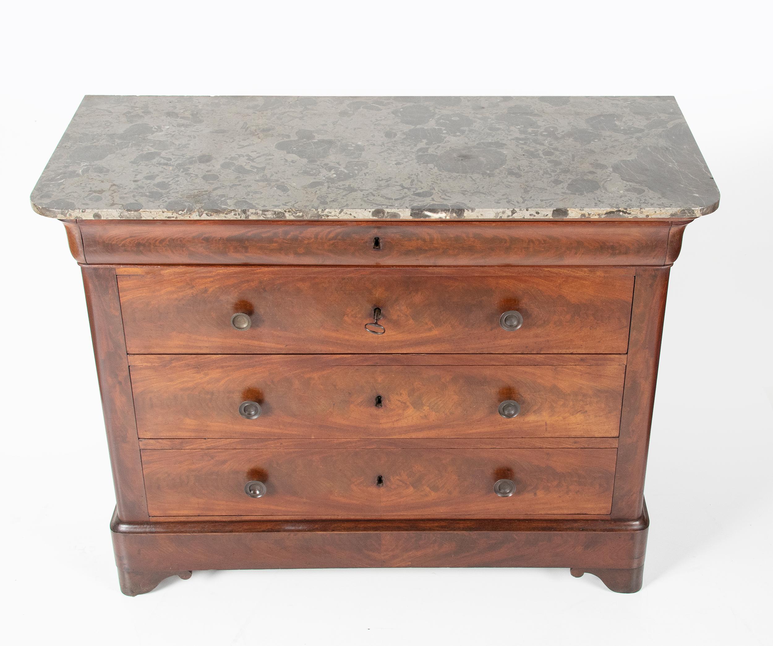 Mid-19th Century French 19th Century Chest of Drawers, Mahogany Veneer with Marble Top For Sale