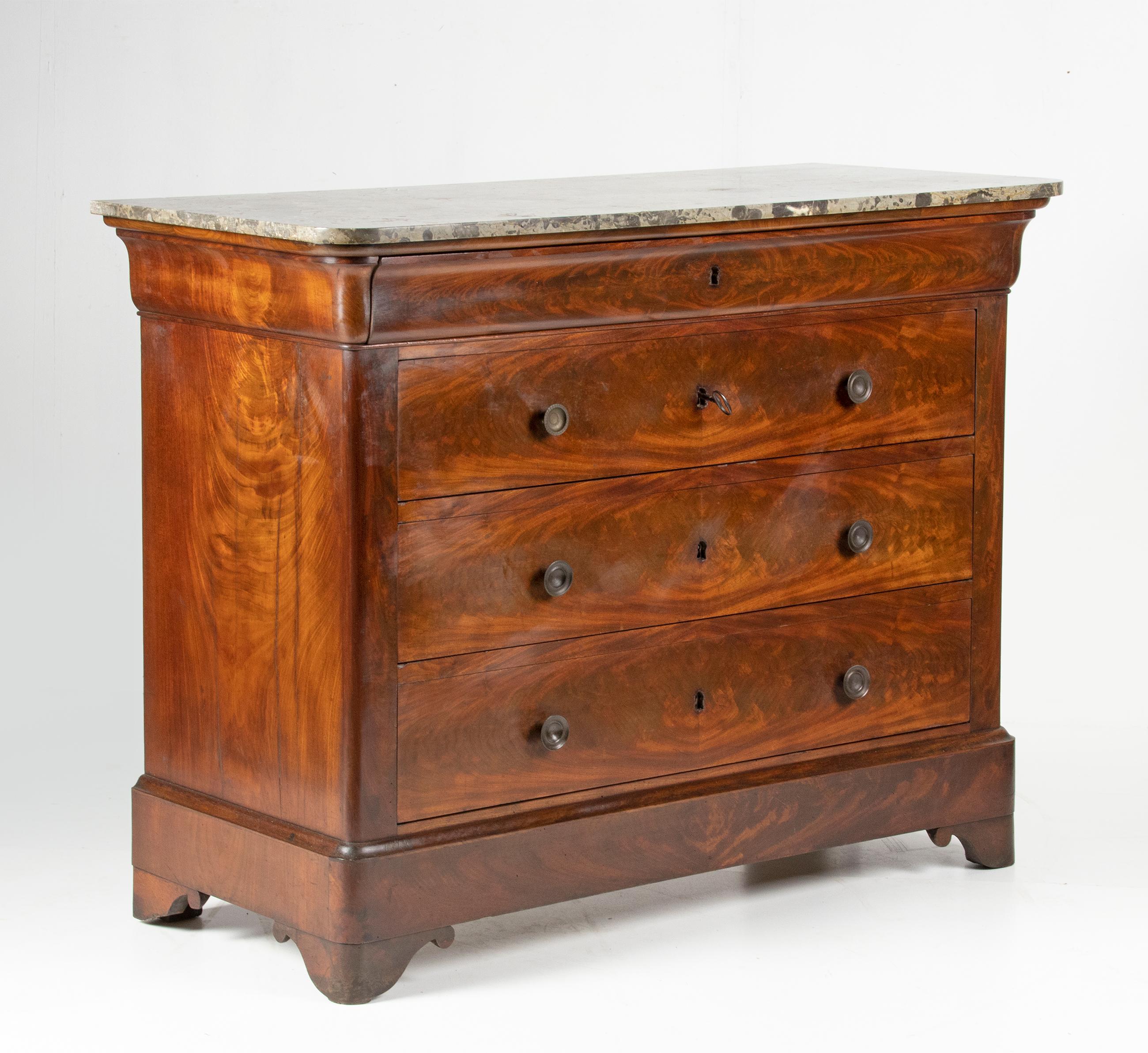 French 19th Century Chest of Drawers, Mahogany Veneer with Marble Top For Sale 3