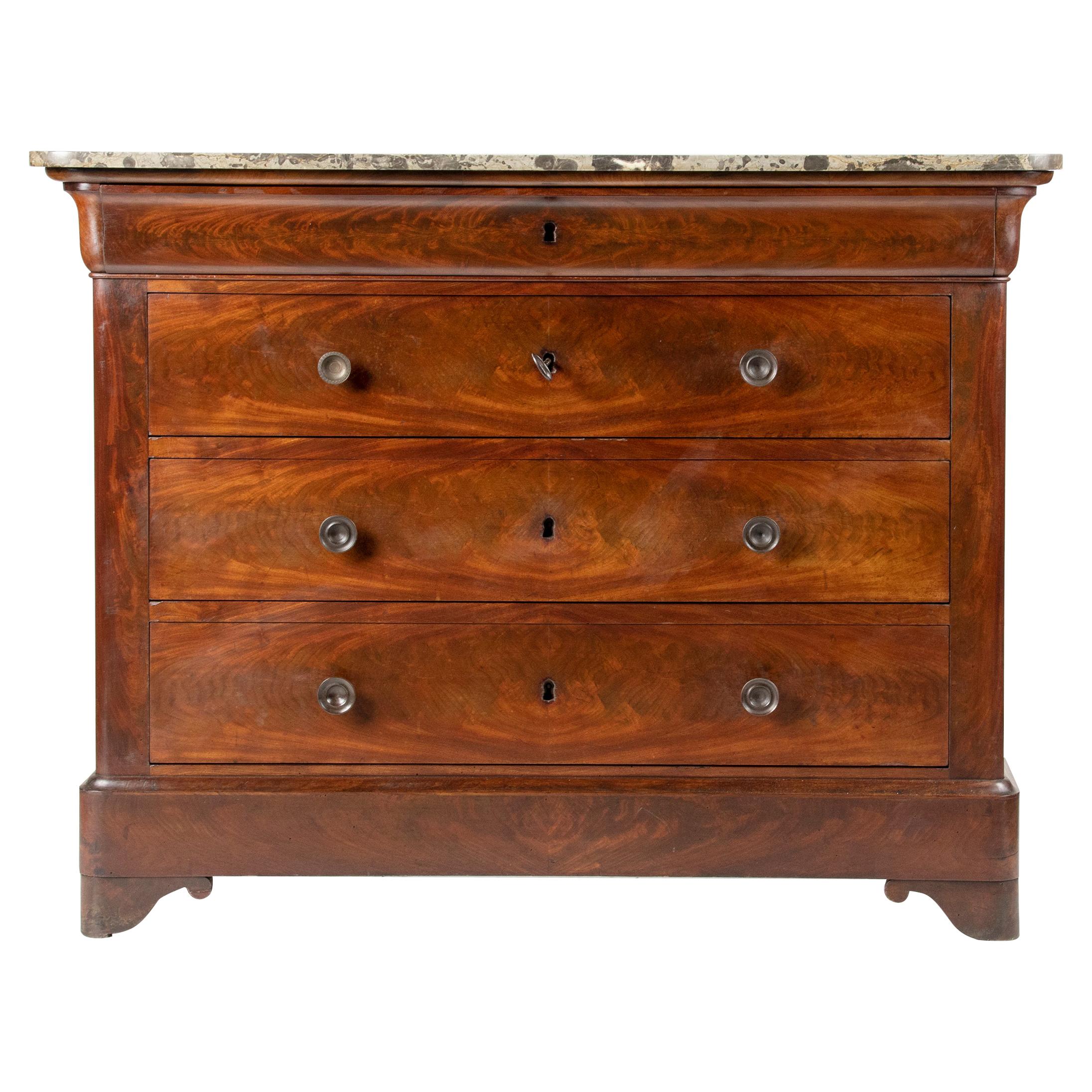 French 19th Century Chest of Drawers, Mahogany Veneer with Marble Top For Sale