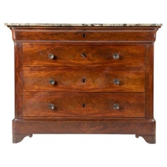 Antique French 19th Century Chest of Drawers, Mahogany Veneer with Marble Top