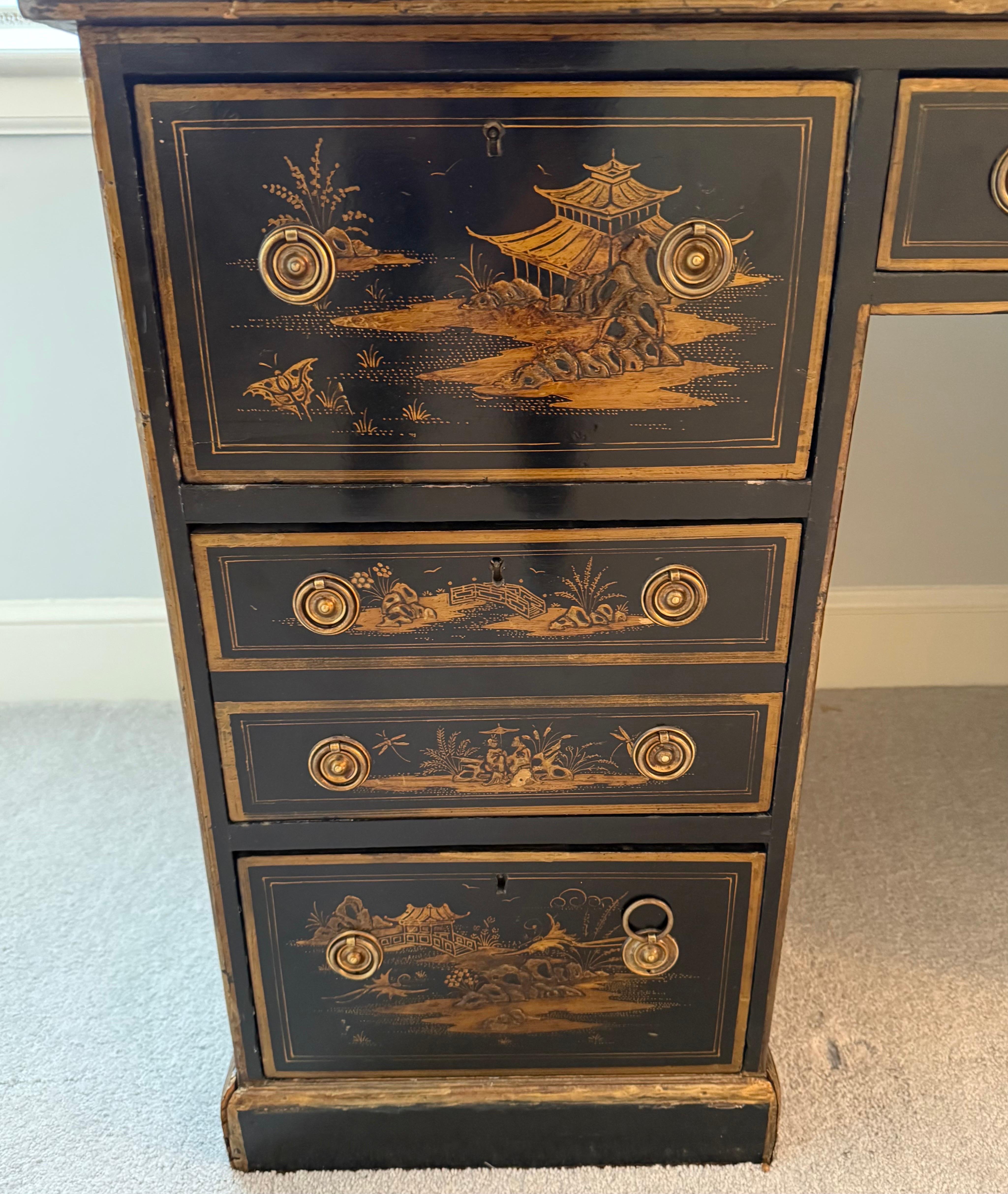 French 19th Century Chinoiserie Kneehole Handpainted Writing Desk Table 9 Drawer 1