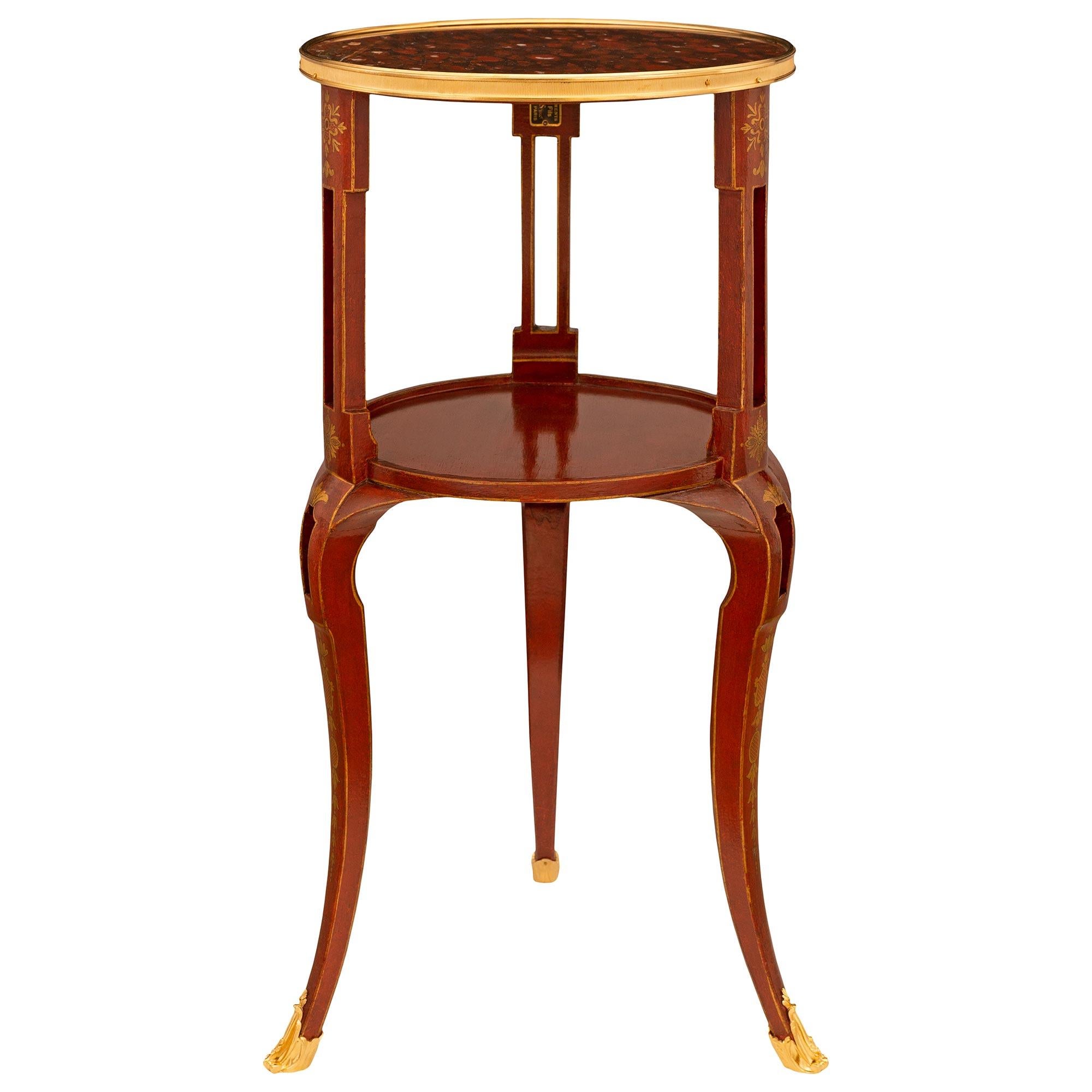 Chinoiseries Table d'appoint en marbre Rouge Griotte laqué du XIXème siècle Chinoiserie française en vente