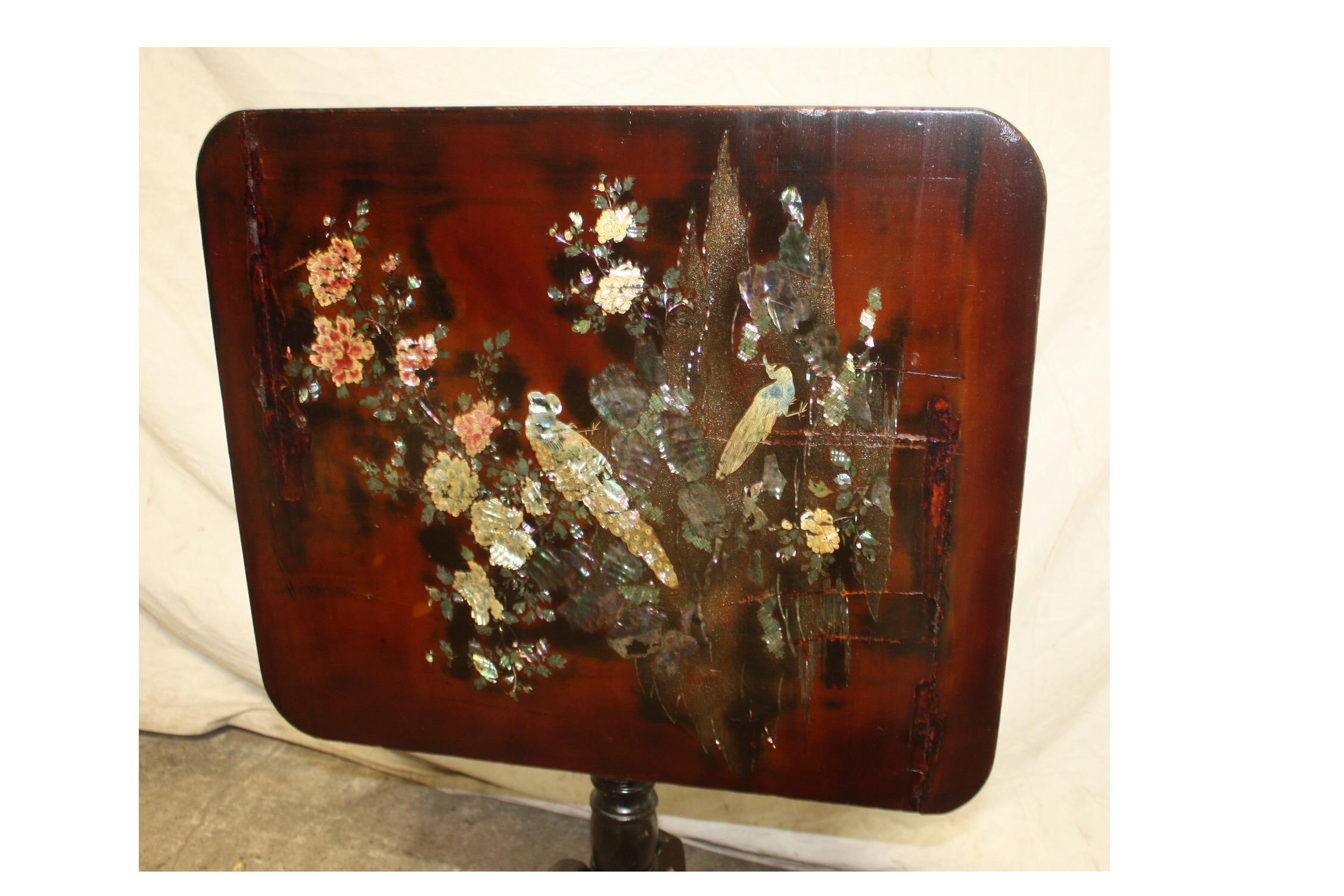 French 19th century chinoiserie tilt-top table
Table open is 26.8in H.