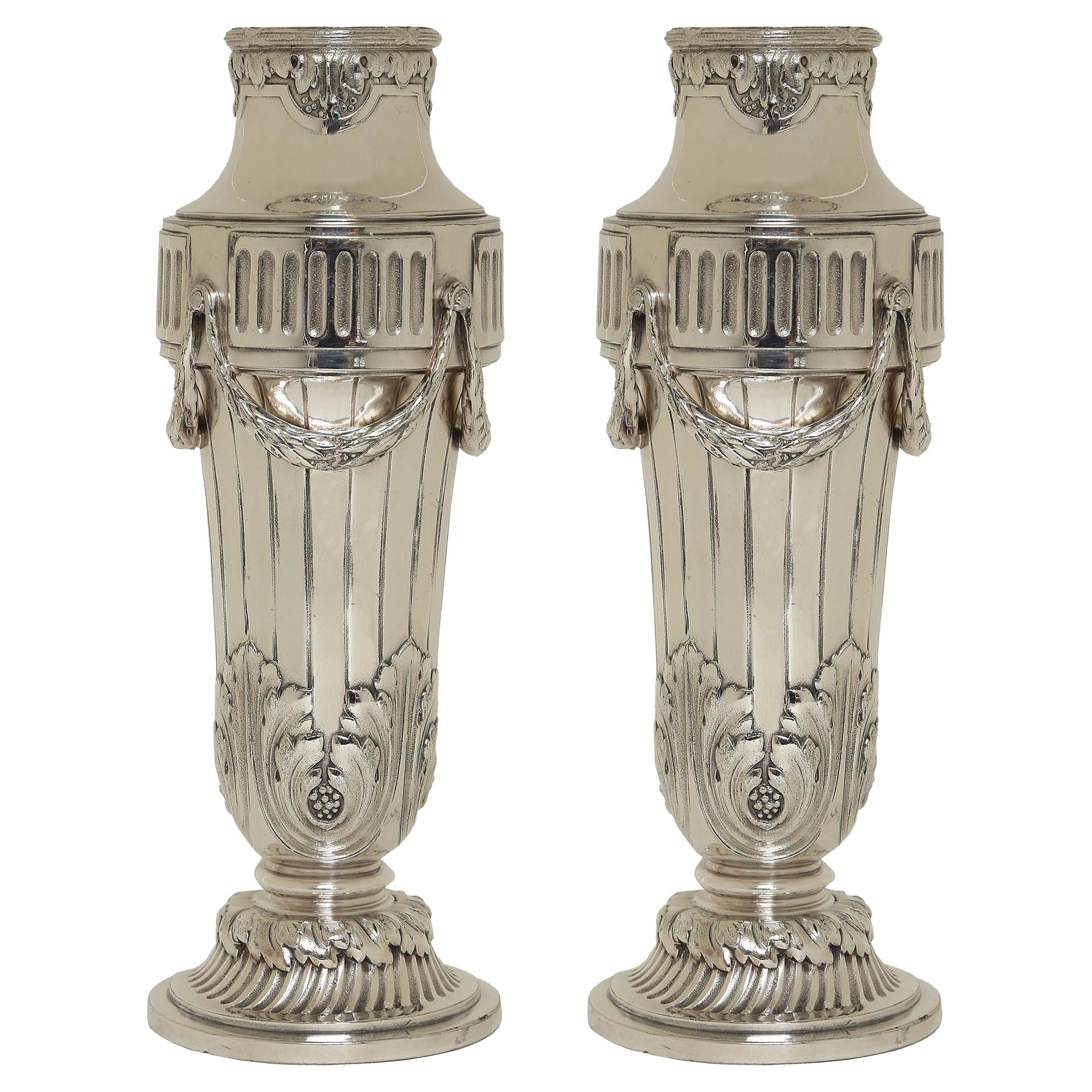 French 19th Century, circa 1880, Louis XVI St. Pair of Silvered Bronze Vases For Sale