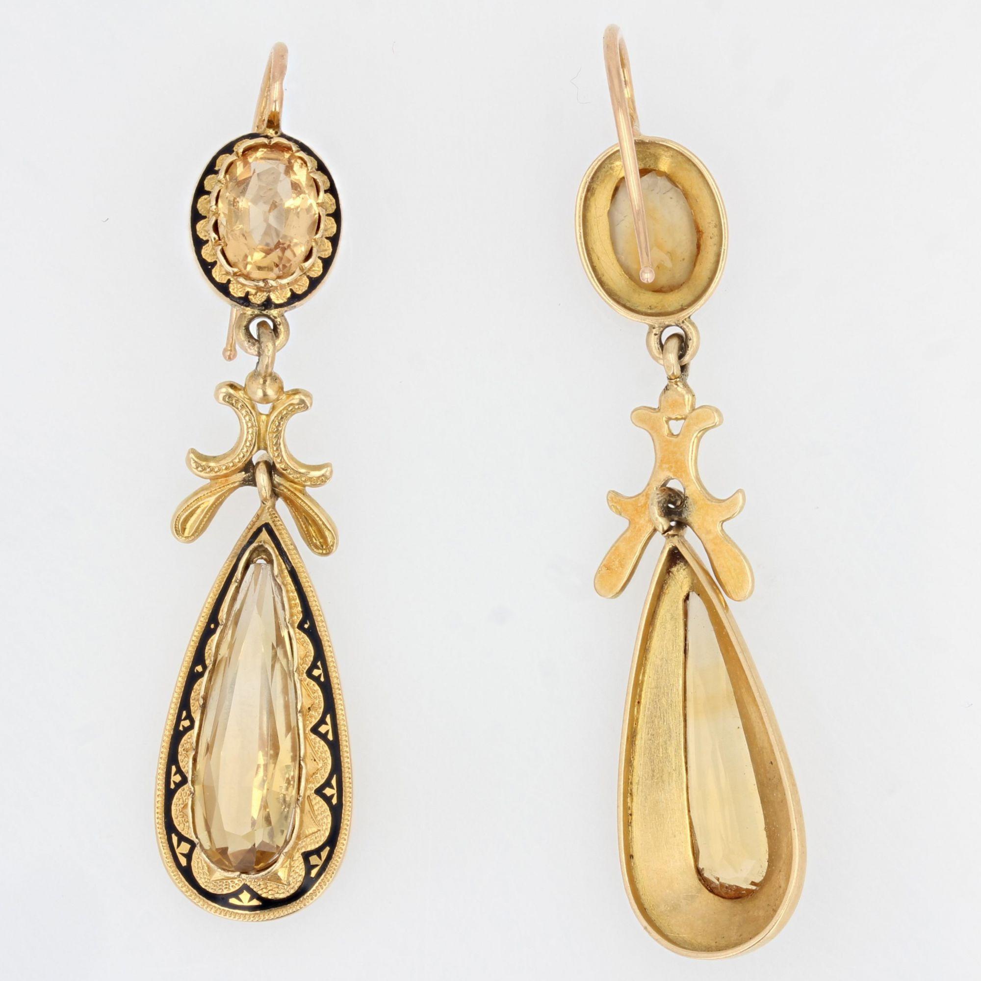 Pear Cut French 19th Century Citrine Black Enamel 18 Karat Yellow Gold Dangle Earrings