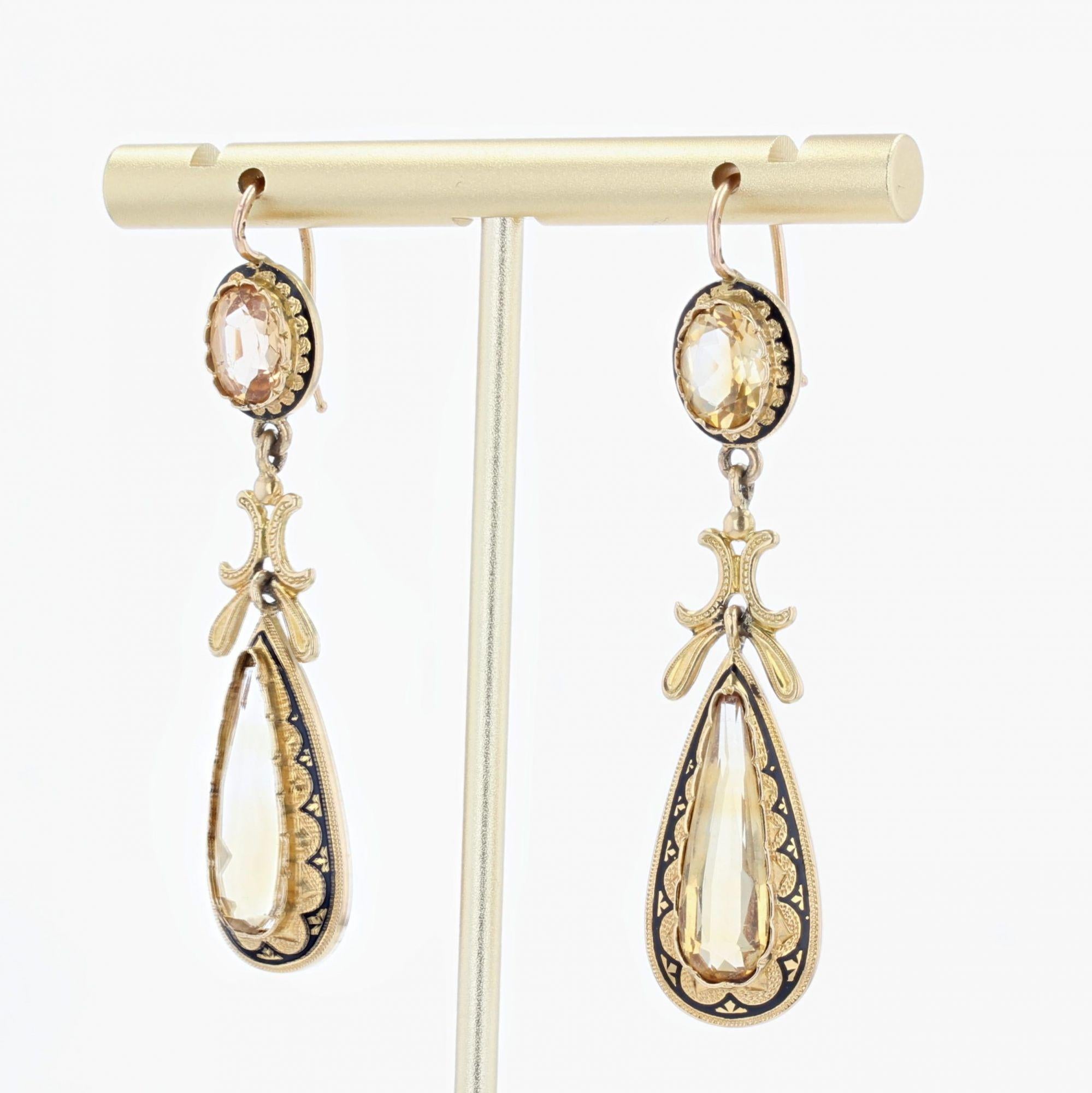 French 19th Century Citrine Black Enamel 18 Karat Yellow Gold Dangle Earrings In Good Condition In Poitiers, FR