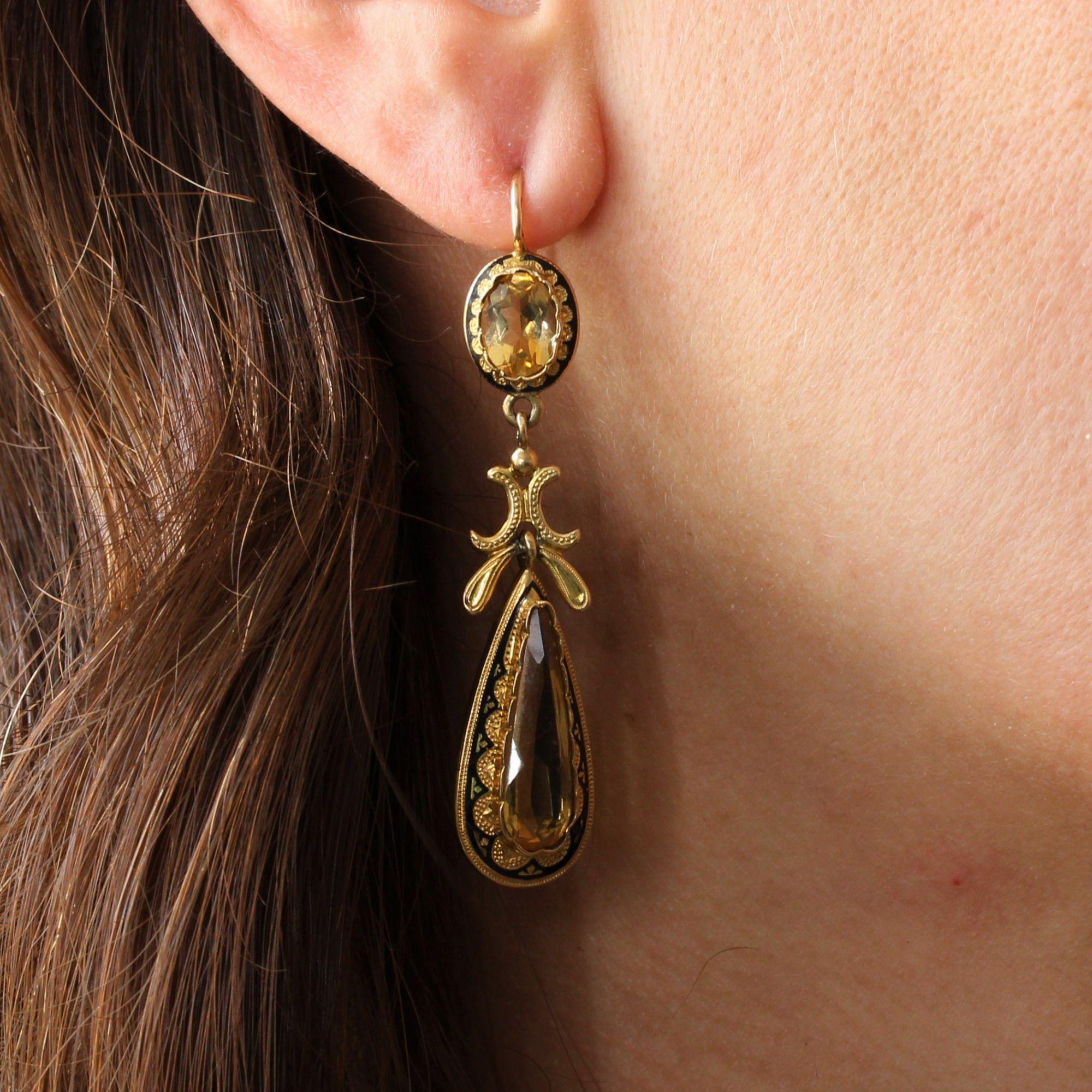 Women's French 19th Century Citrine Black Enamel 18 Karat Yellow Gold Dangle Earrings