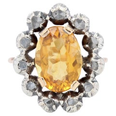 Antique French 19th Century Citrine Diamonds Surrounding 18 Karat Rose Gold Ring