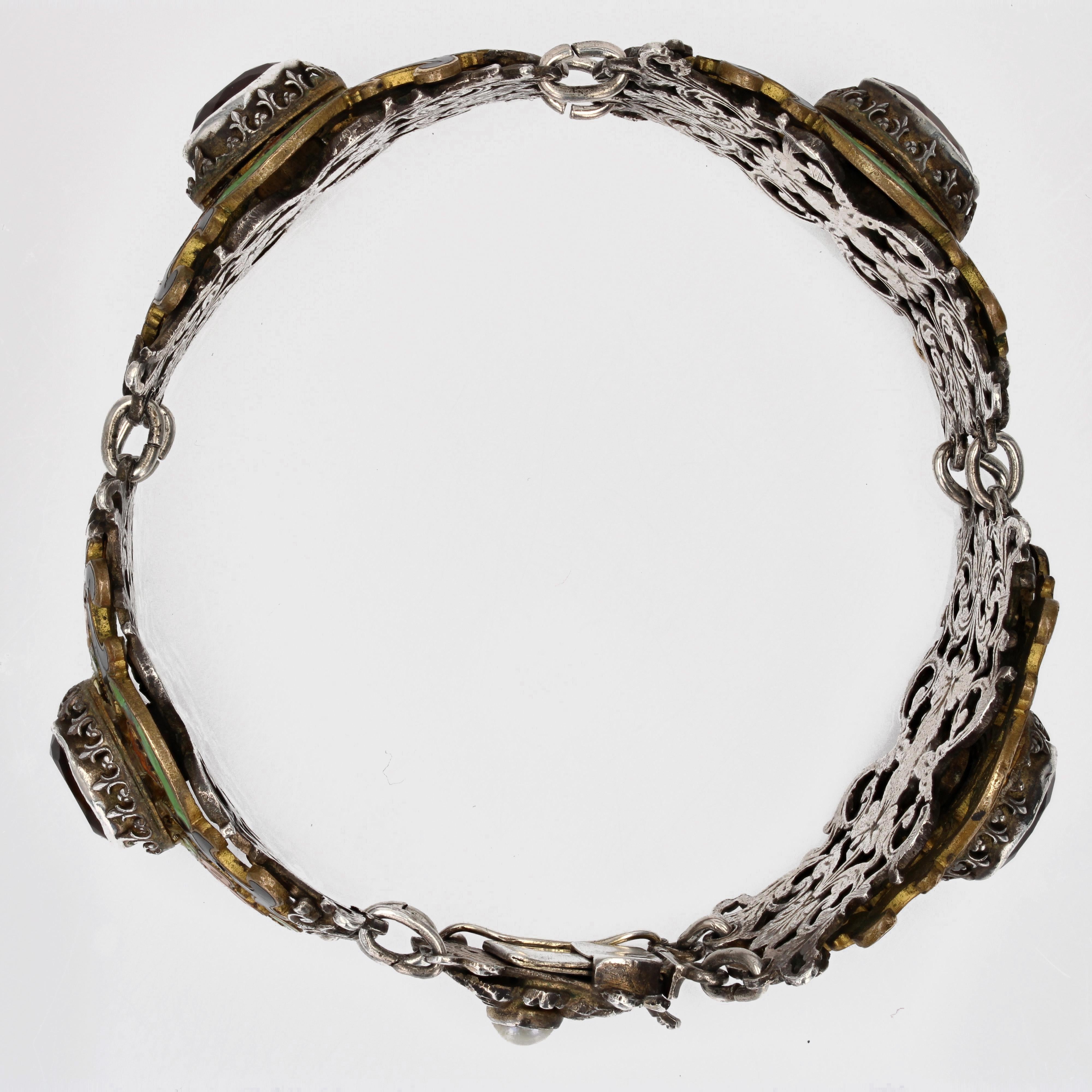 Napoleon III French 19th Century Citrine Pearl Enamel Silver Bracelet For Sale