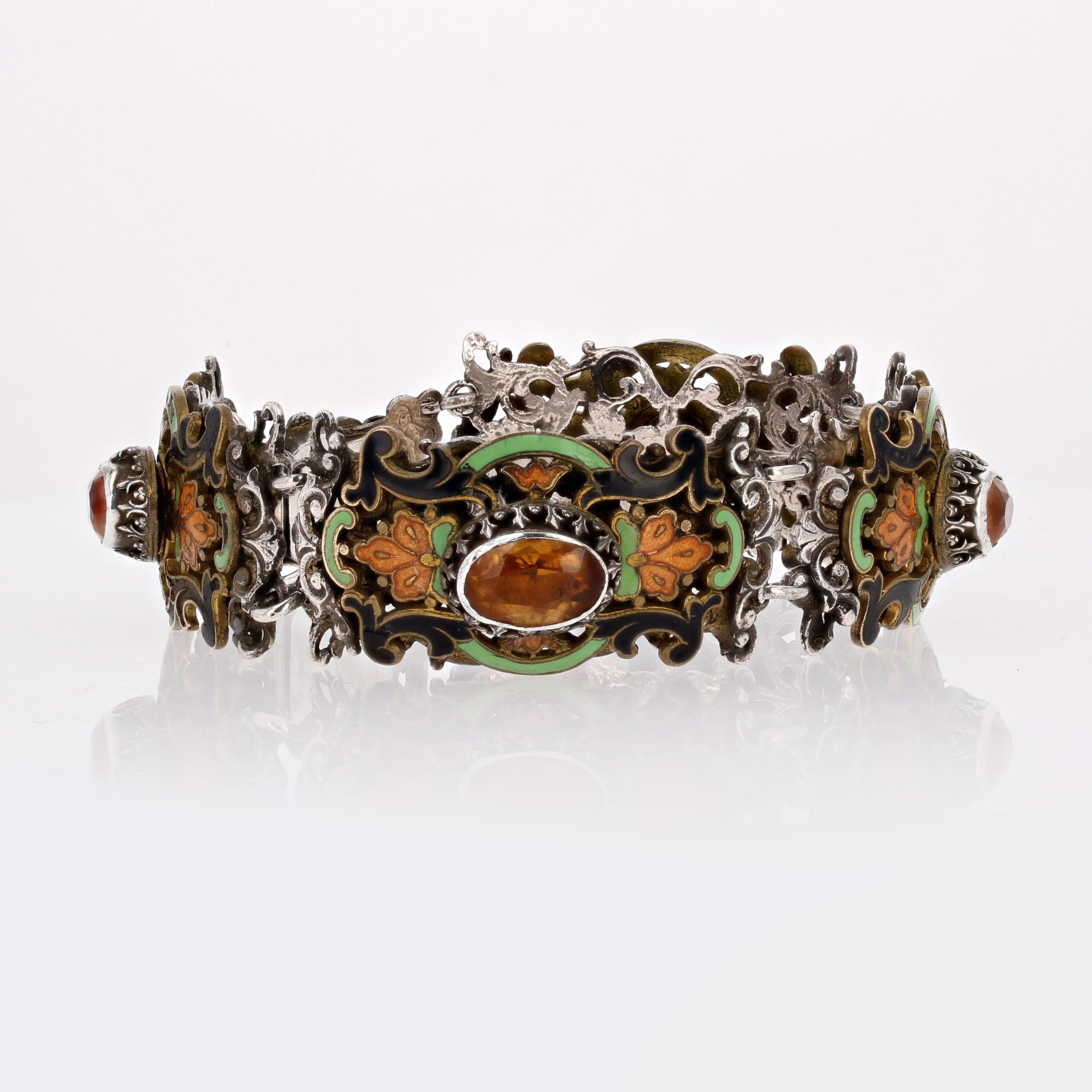 French 19th Century Citrine Pearl Enamel Silver Bracelet In Fair Condition For Sale In Poitiers, FR
