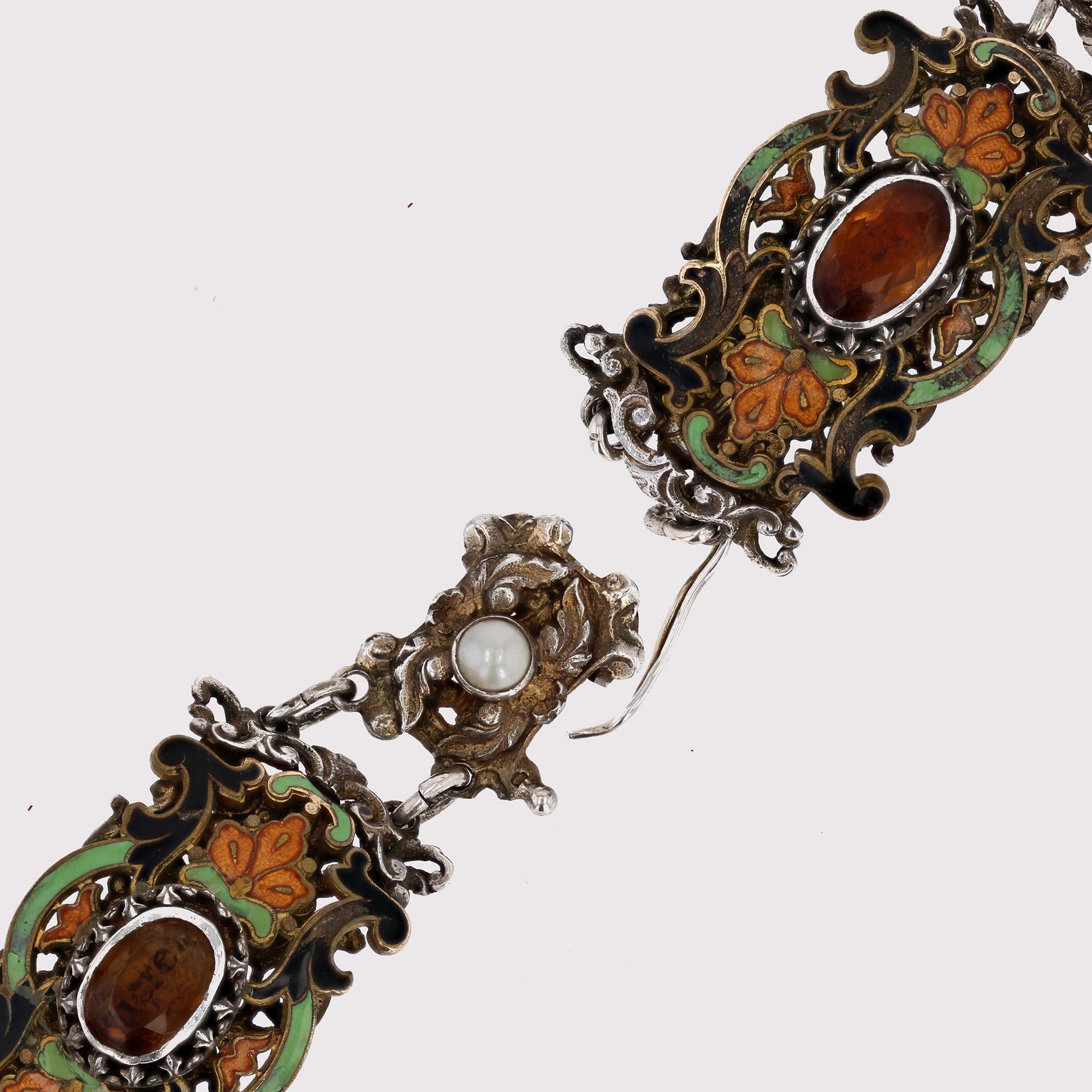 French 19th Century Citrine Pearl Enamel Silver Bracelet For Sale 3