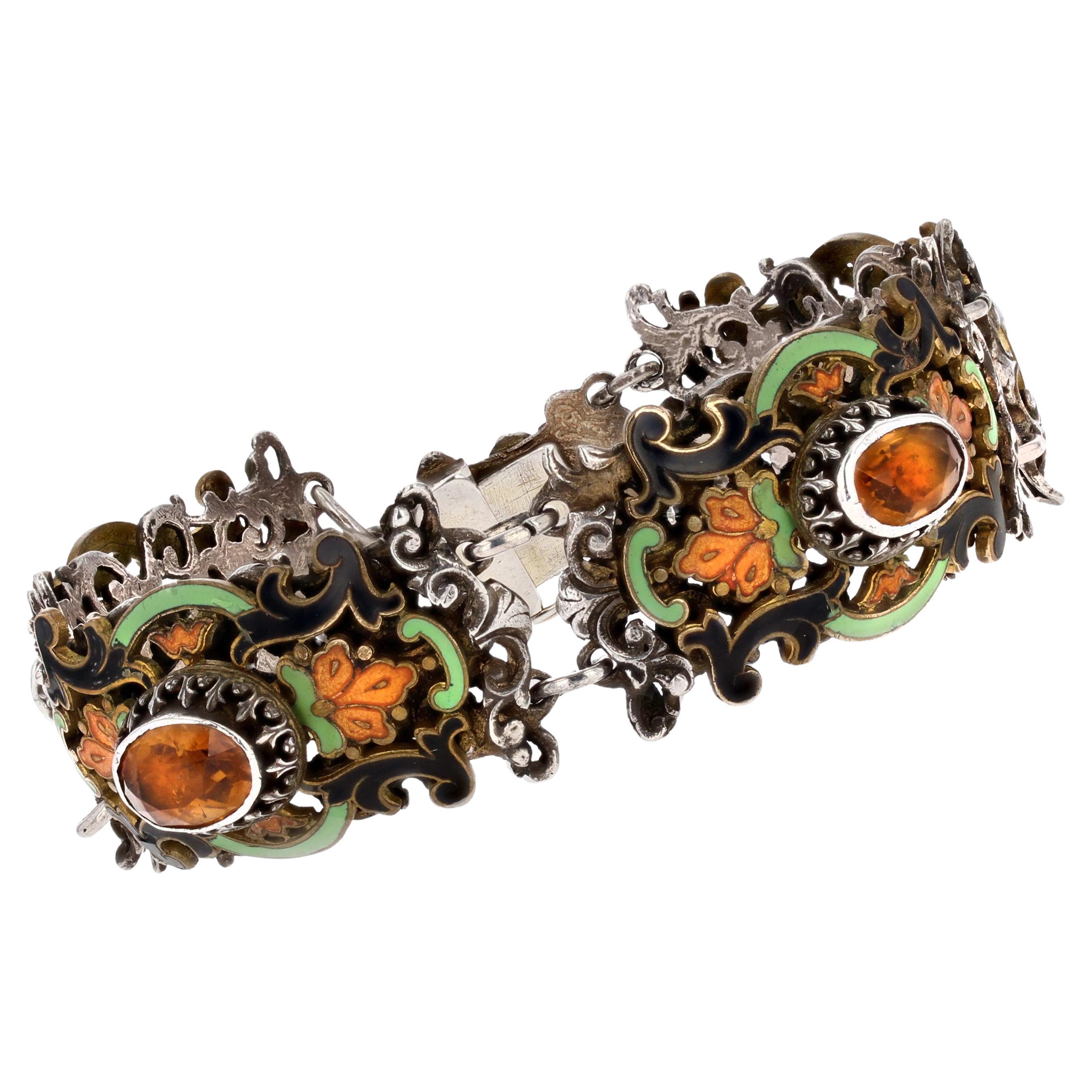 French 19th Century Citrine Pearl Enamel Silver Bracelet For Sale