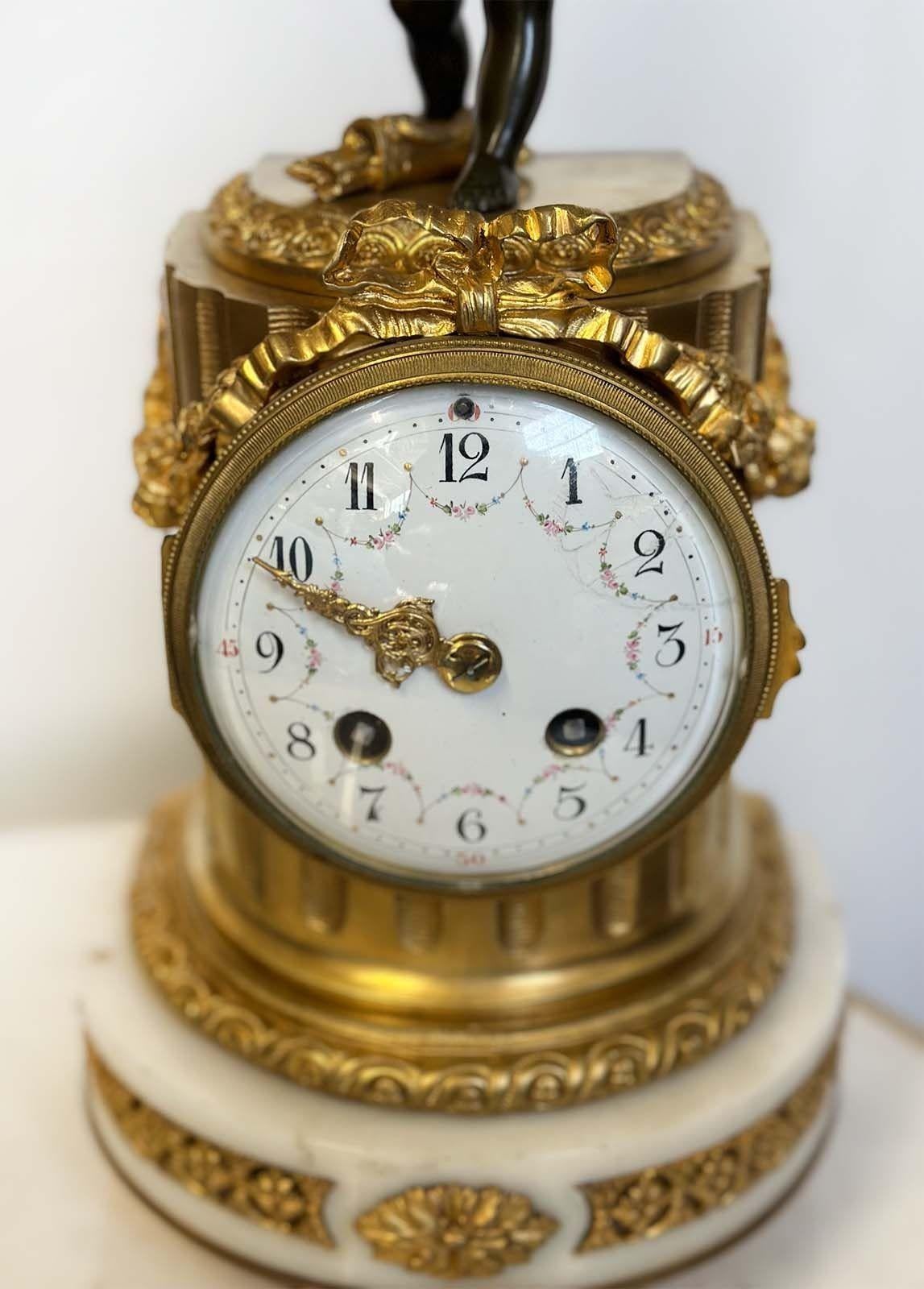 Bronze French 19th Century Clock & Candelabra Cherub Set For Sale