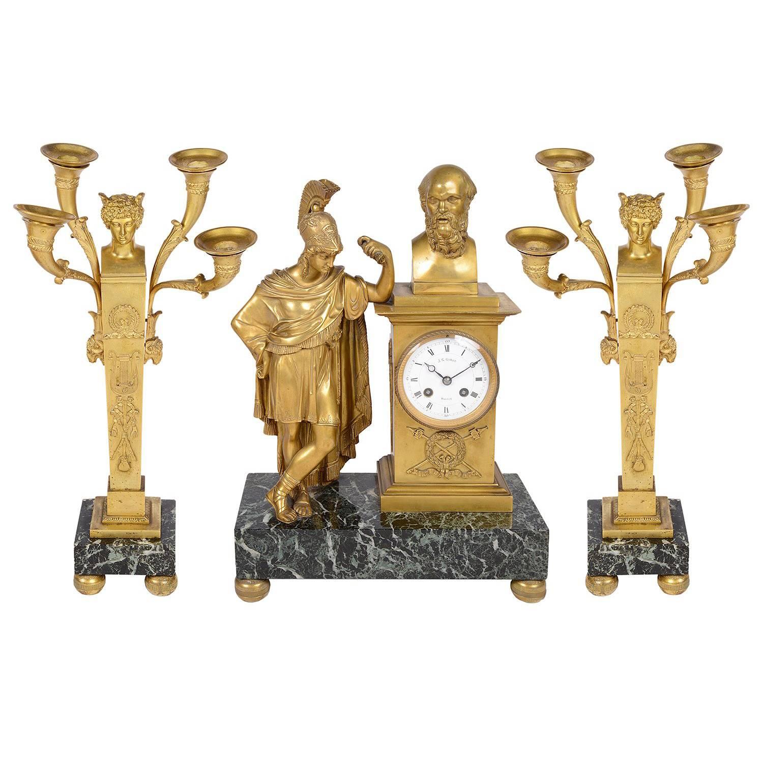 French 19th Century Clock Set with Roman Centurion and Candelabra For Sale