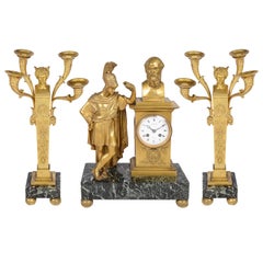 Antique French 19th Century Clock Set with Roman Centurion and Candelabra