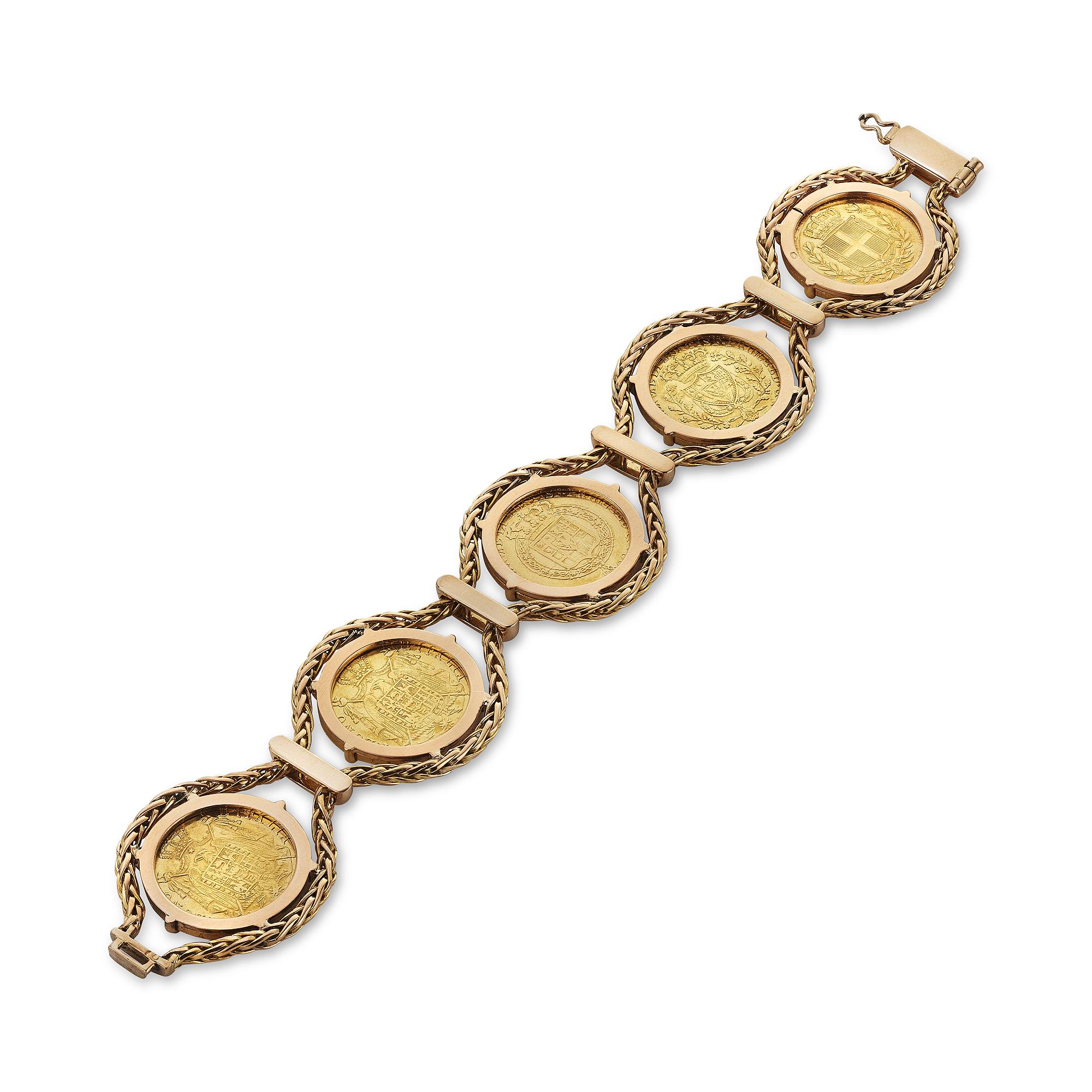 Got any spare change?  You will with this 19th century French gold coin bracelet.  With five 22 karat gold coins dating from 1812 to 1847, connected with an 18 karat yellow gold woven chain from the 1960's, this vintage bracelet will always keep you