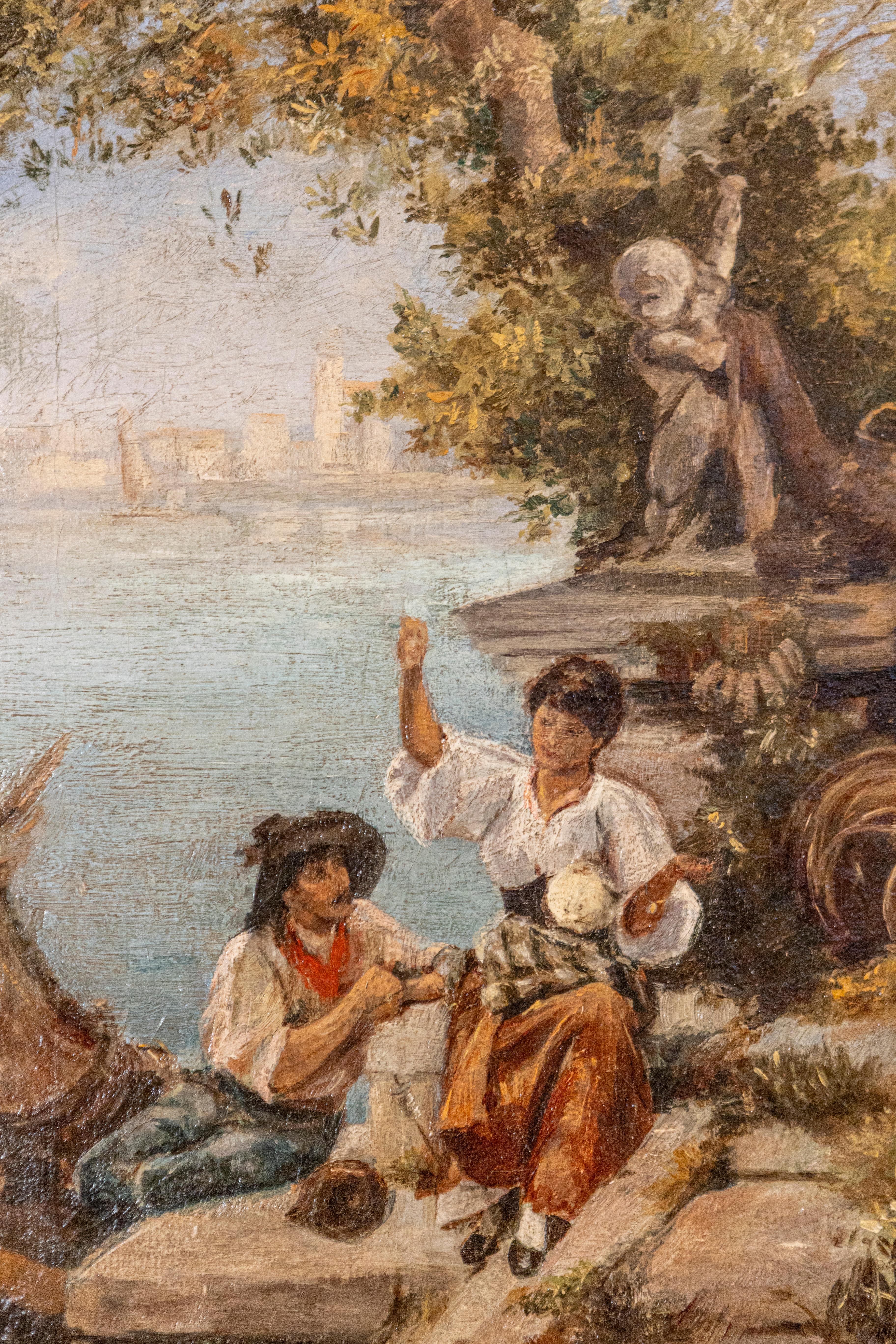 Carved French, 19th Century Continental School Painting Depicting Venetian Lagoon Scene For Sale
