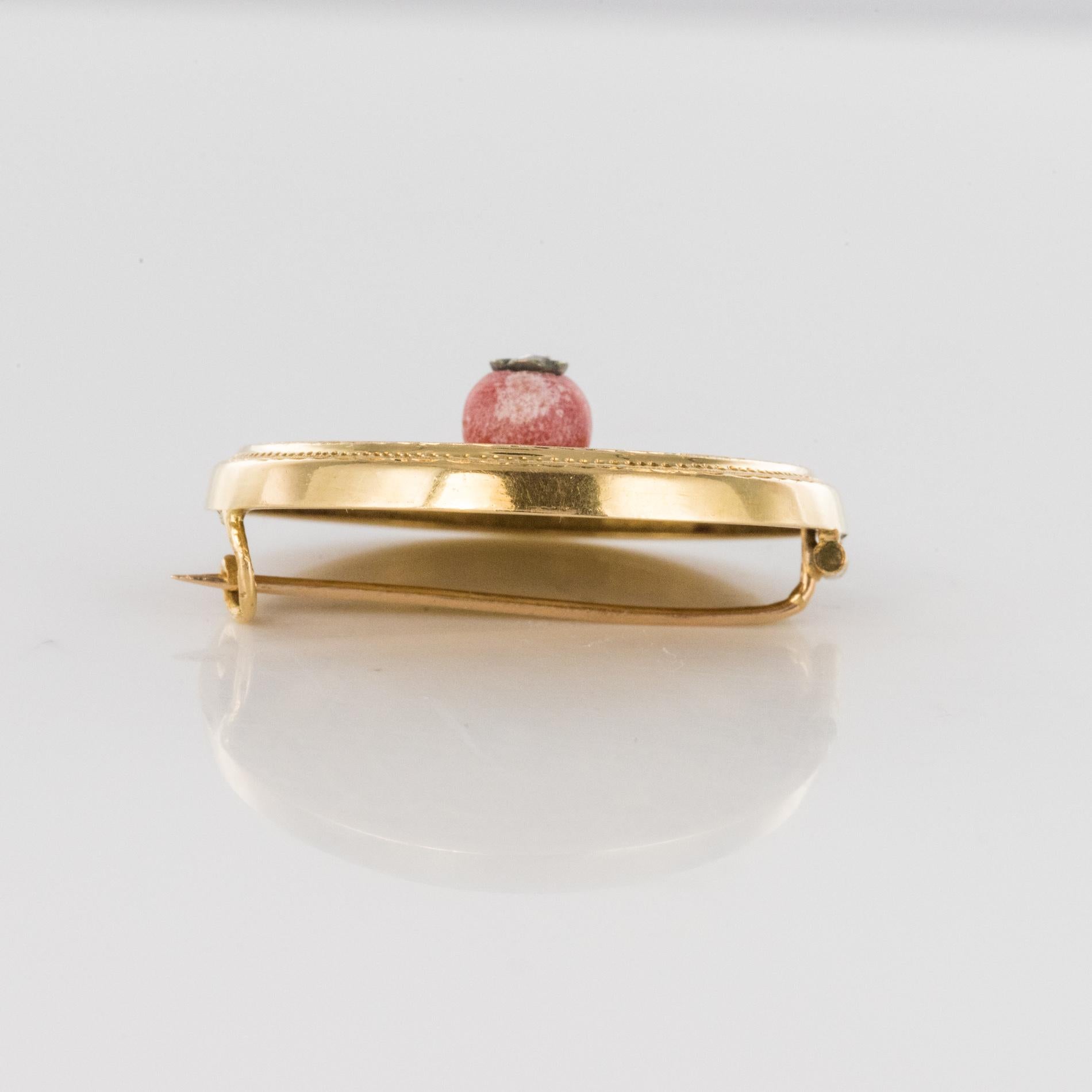 French 19th Century Coral Enamel Diamond 18 Karat Yellow Gold Brooch For Sale 5