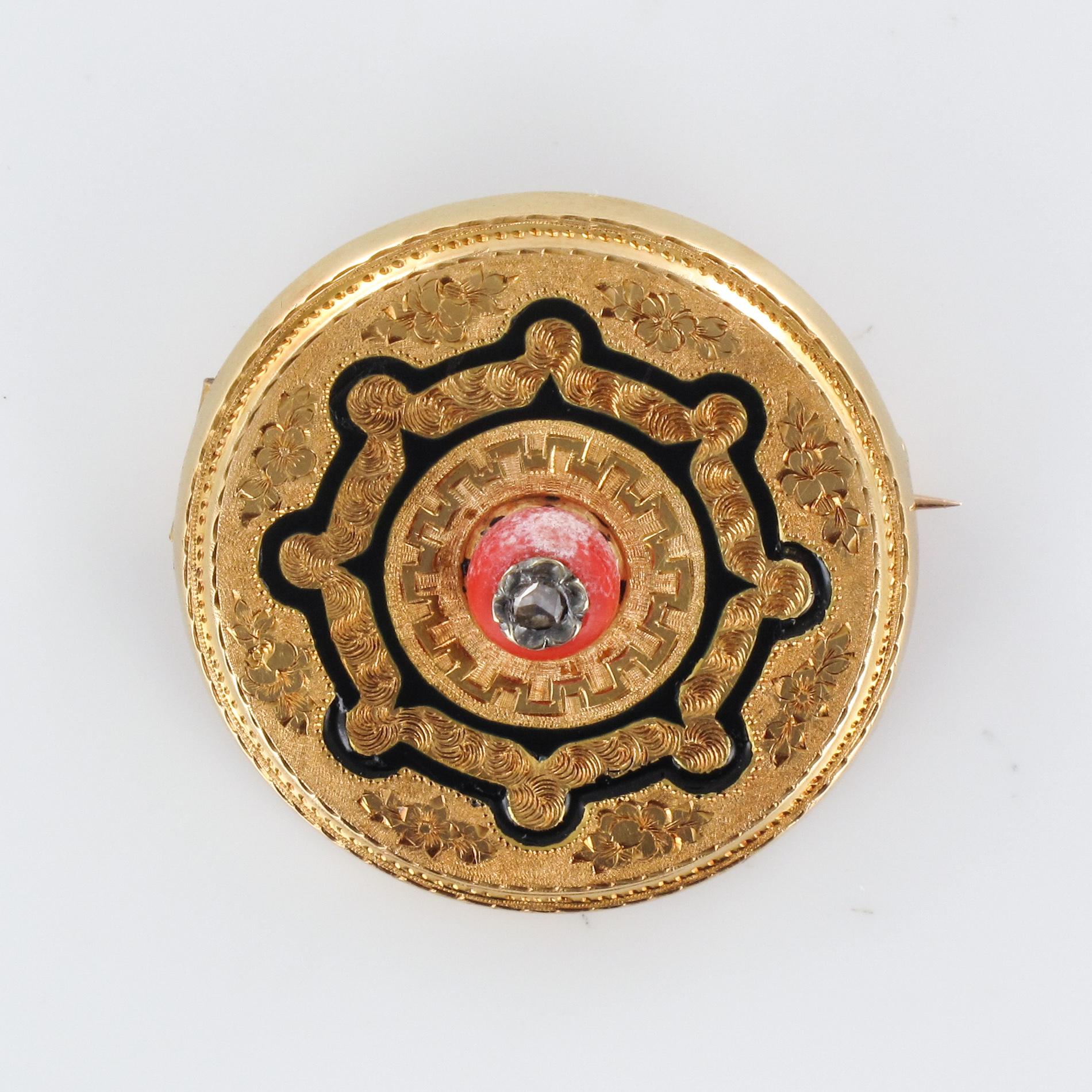 French 19th Century Coral Enamel Diamond 18 Karat Yellow Gold Brooch For Sale 9