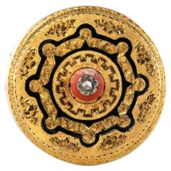French 19th Century Coral Enamel Diamond 18 Karat Yellow Gold Brooch