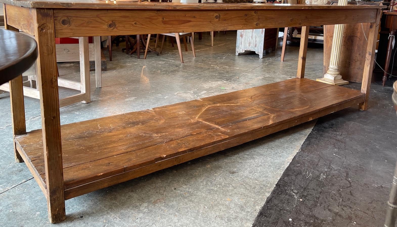 Stained French 19th Century Counter Dining Table with Underneath Shelf
