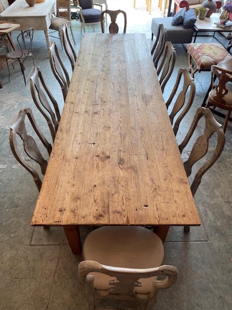 French 19th Century Country Pine Farmhouse Dining Table With Seating For Ten 10