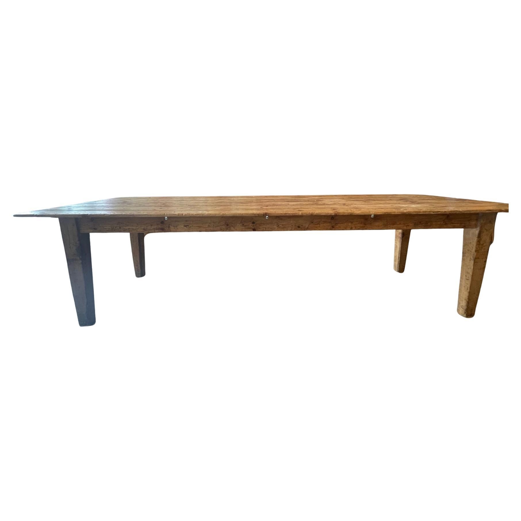 French 19th Century Country Pine Farmhouse Dining Table With Seating For Ten