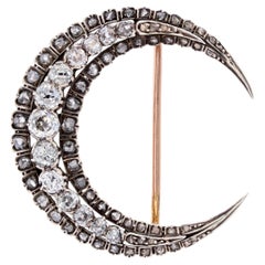 French 19th Century Crescent Moon Diamonds 18 Karat Rose Gold silver Brooch