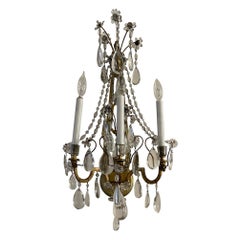 Antique French 19th Century Crystal and Brass Bagues Style Three Arm Sconces